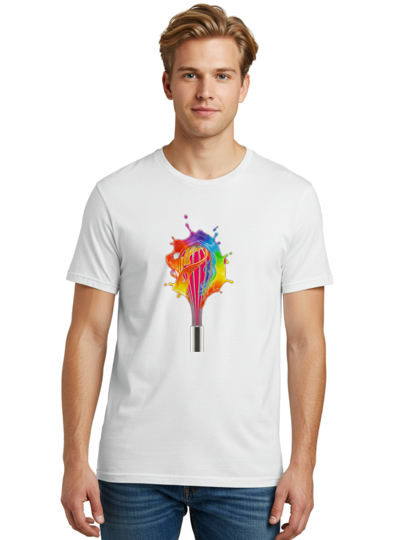 Colorful-Whisk-Splash Men'S Graphic Tee, 100% Cotton, Comfortable Casual Summer Wear, Machine Washable, Rainbow-Colored Splash, Kitchen Utensil, Vibrant Colors, Dynamic Movement, Creative Cooking, Artistic Design, Colorful Swirl, Bac887