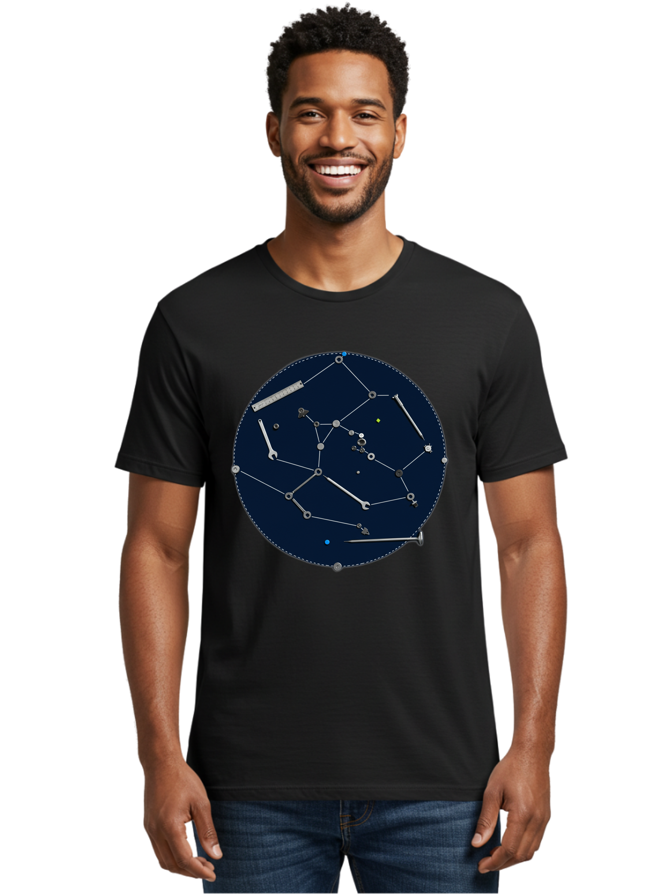 Constellation-Pattern Men'S Graphic Tee, 100% Cotton, Comfortable Casual Summer Wear, Machine Washable, Tools Forming A Constellation, Wrenches As Stars, Creative Representation, Mechanical Art, Unique Pattern, Industrial Elements, Bac888