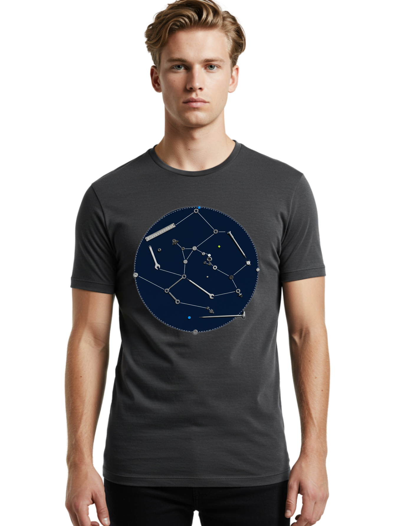 Constellation-Pattern Men'S Graphic Tee, 100% Cotton, Comfortable Casual Summer Wear, Machine Washable, Tools Forming A Constellation, Wrenches As Stars, Creative Representation, Mechanical Art, Unique Pattern, Industrial Elements, Bac888