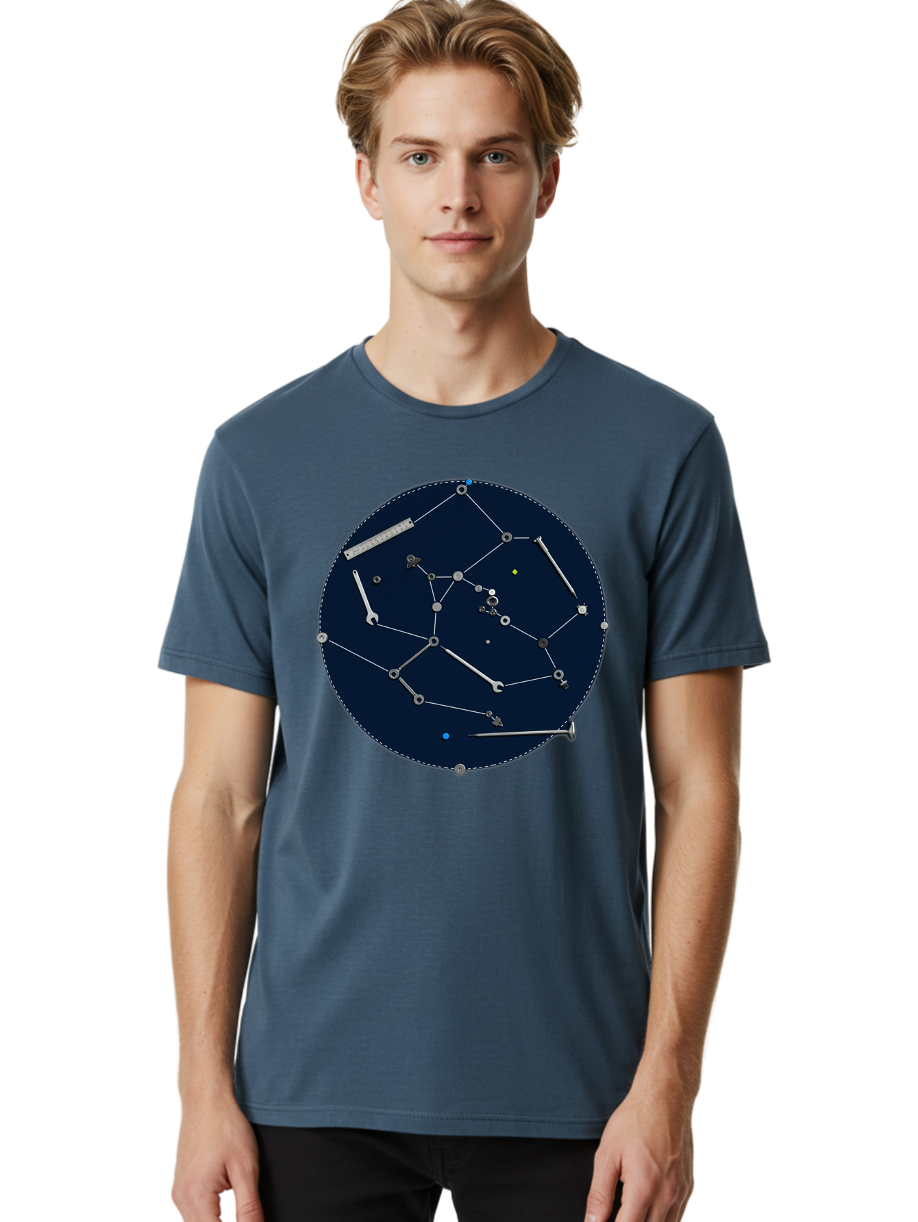 Constellation-Pattern Men'S Graphic Tee, 100% Cotton, Comfortable Casual Summer Wear, Machine Washable, Tools Forming A Constellation, Wrenches As Stars, Creative Representation, Mechanical Art, Unique Pattern, Industrial Elements, Bac888