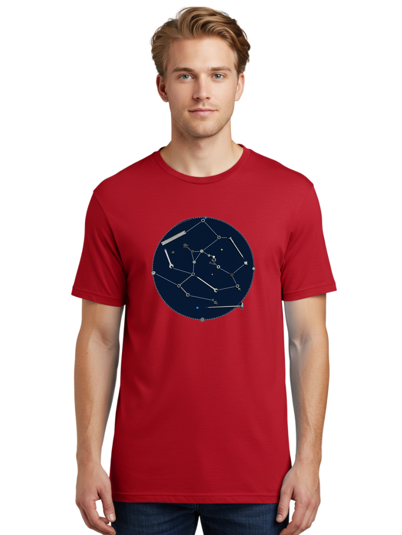 Constellation-Pattern Men'S Graphic Tee, 100% Cotton, Comfortable Casual Summer Wear, Machine Washable, Tools Forming A Constellation, Wrenches As Stars, Creative Representation, Mechanical Art, Unique Pattern, Industrial Elements, Bac888