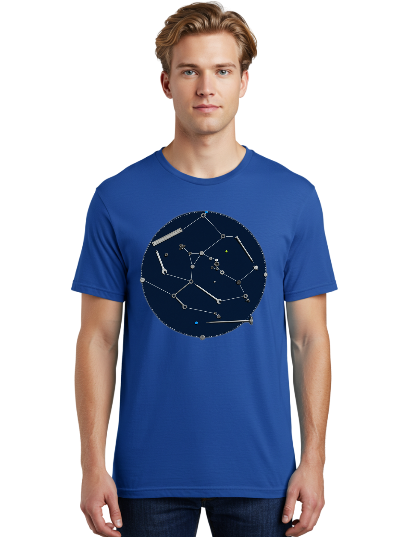 Constellation-Pattern Men'S Graphic Tee, 100% Cotton, Comfortable Casual Summer Wear, Machine Washable, Tools Forming A Constellation, Wrenches As Stars, Creative Representation, Mechanical Art, Unique Pattern, Industrial Elements, Bac888