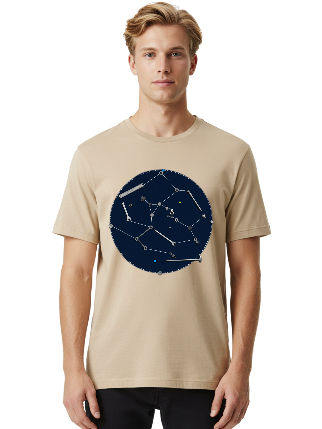 Constellation-Pattern Men'S Graphic Tee, 100% Cotton, Comfortable Casual Summer Wear, Machine Washable, Tools Forming A Constellation, Wrenches As Stars, Creative Representation, Mechanical Art, Unique Pattern, Industrial Elements, Bac888