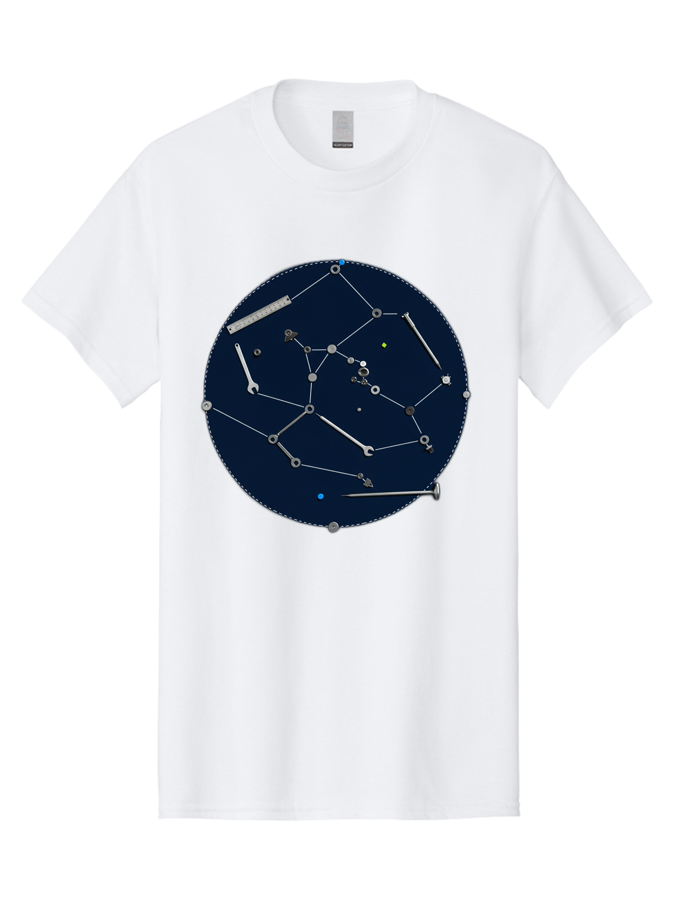 Constellation-Pattern Men'S Graphic Tee, 100% Cotton, Comfortable Casual Summer Wear, Machine Washable, Tools Forming A Constellation, Wrenches As Stars, Creative Representation, Mechanical Art, Unique Pattern, Industrial Elements, Bac888
