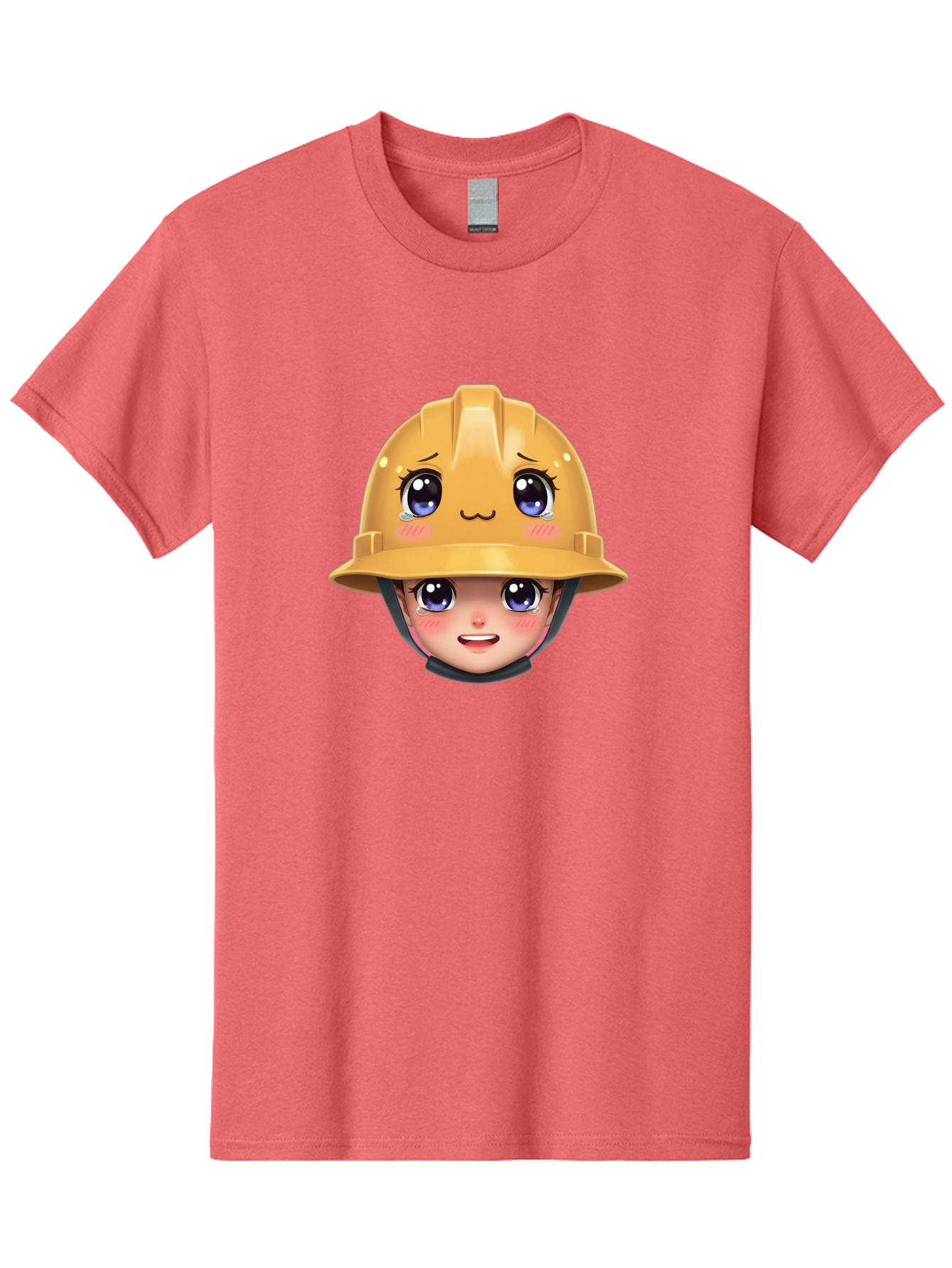 Construction-Hard-Hat-Emoji Men'S Graphic Tee, 100% Cotton, Comfortable Casual Summer Wear, Machine Washable, Kawaii Emoji, Cute Face, Hard Hat, Cartoon Character, Yellow Safety Helmet, Big Eyes, Rosy Cheeks, Smiling Face, Construction Worker, Bac890