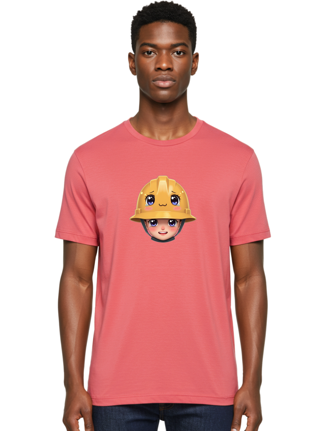Construction-Hard-Hat-Emoji Men'S Graphic Tee, 100% Cotton, Comfortable Casual Summer Wear, Machine Washable, Kawaii Emoji, Cute Face, Hard Hat, Cartoon Character, Yellow Safety Helmet, Big Eyes, Rosy Cheeks, Smiling Face, Construction Worker, Bac890