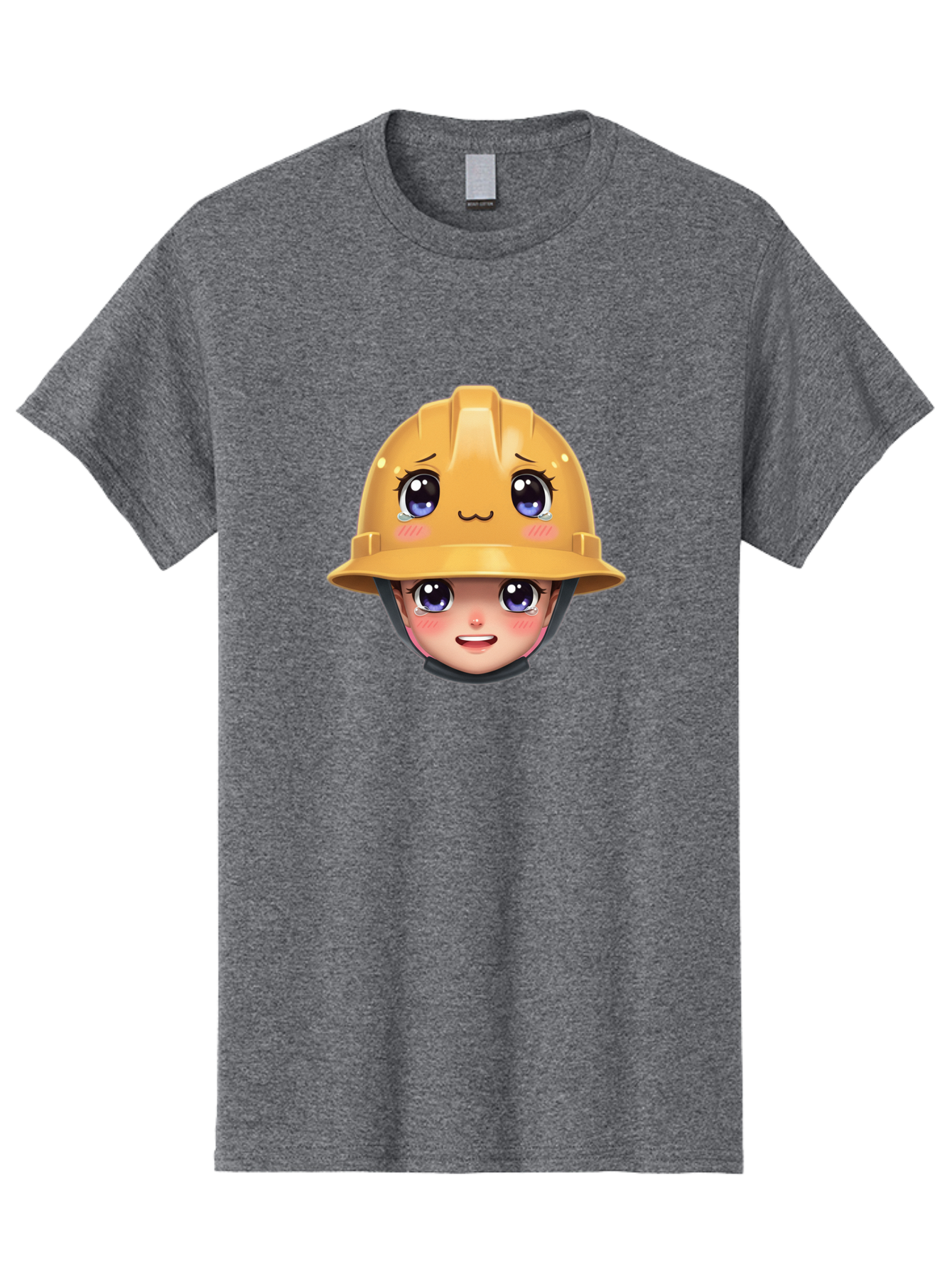 Construction-Hard-Hat-Emoji Men'S Graphic Tee, 100% Cotton, Comfortable Casual Summer Wear, Machine Washable, Kawaii Emoji, Cute Face, Hard Hat, Cartoon Character, Yellow Safety Helmet, Big Eyes, Rosy Cheeks, Smiling Face, Construction Worker, Bac890