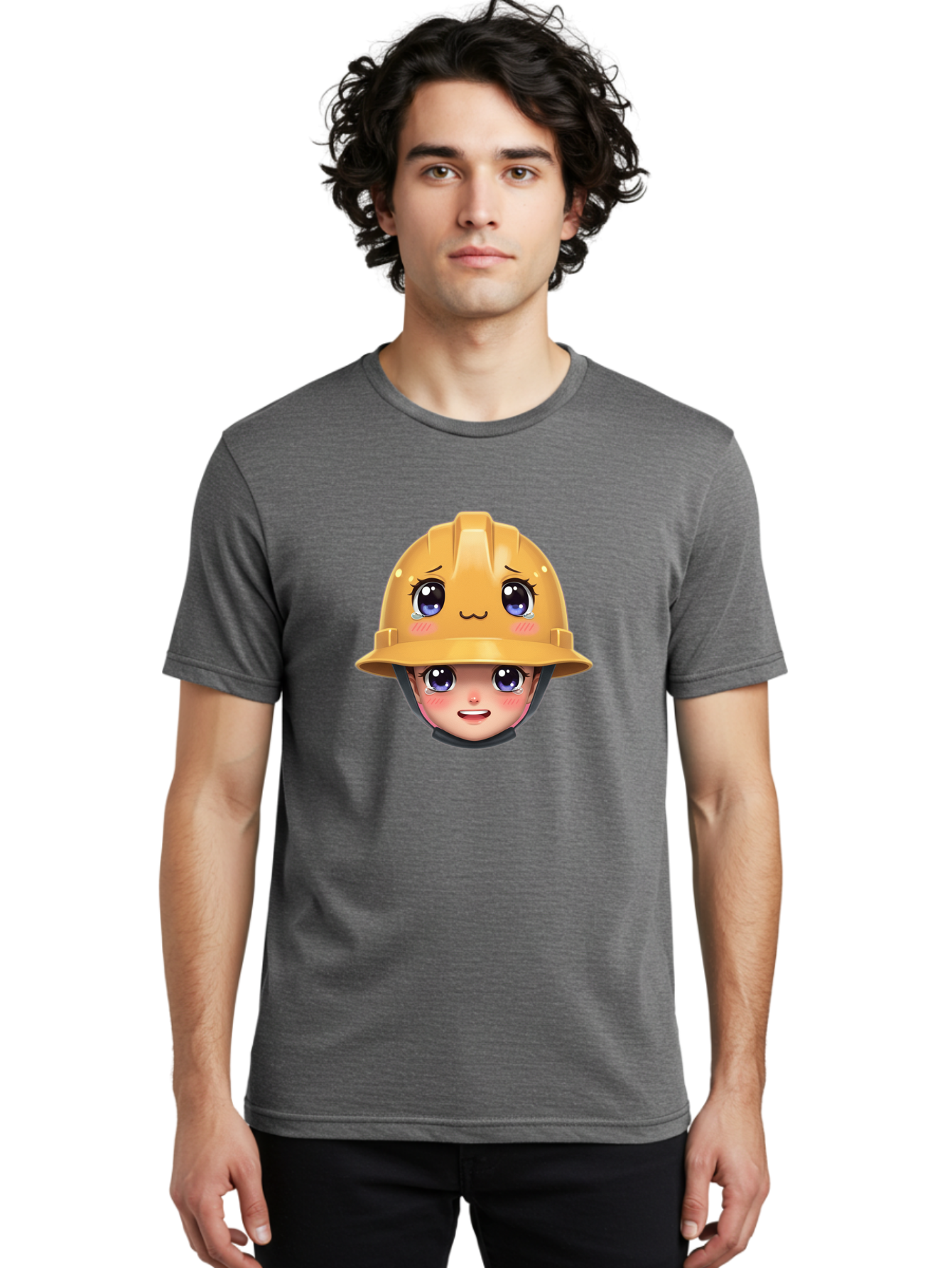 Construction-Hard-Hat-Emoji Men'S Graphic Tee, 100% Cotton, Comfortable Casual Summer Wear, Machine Washable, Kawaii Emoji, Cute Face, Hard Hat, Cartoon Character, Yellow Safety Helmet, Big Eyes, Rosy Cheeks, Smiling Face, Construction Worker, Bac890