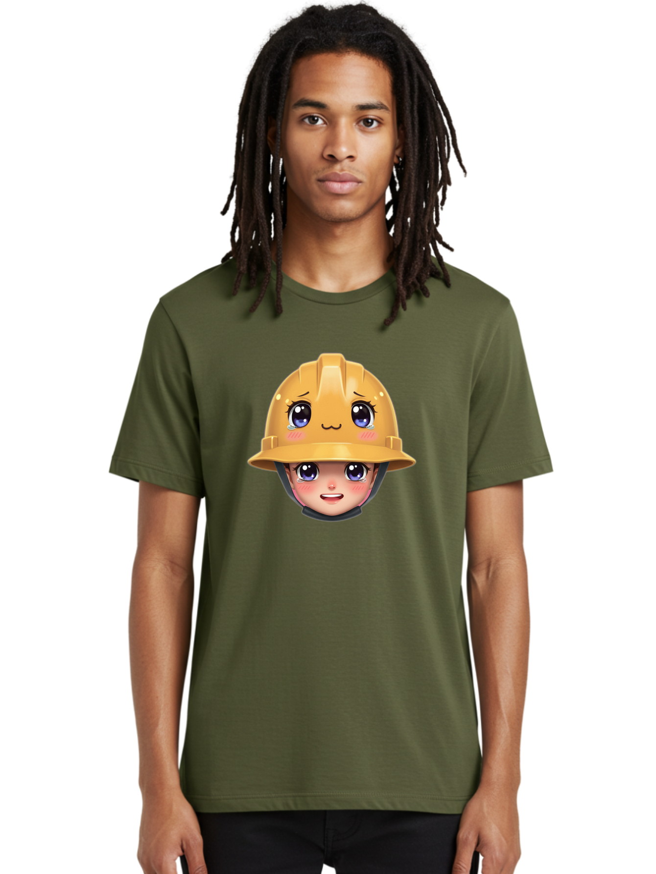 Construction-Hard-Hat-Emoji Men'S Graphic Tee, 100% Cotton, Comfortable Casual Summer Wear, Machine Washable, Kawaii Emoji, Cute Face, Hard Hat, Cartoon Character, Yellow Safety Helmet, Big Eyes, Rosy Cheeks, Smiling Face, Construction Worker, Bac890