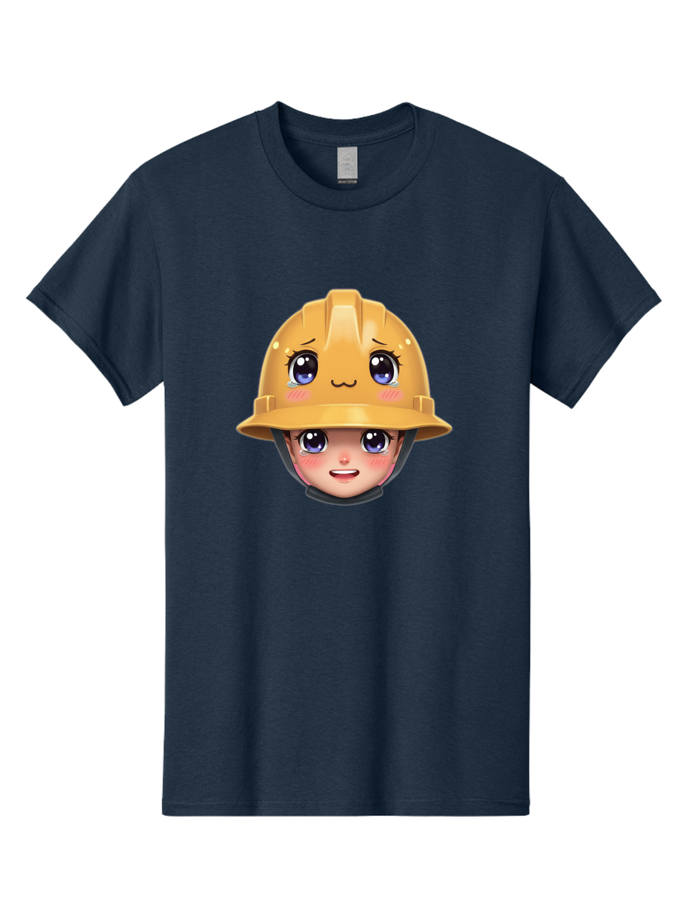 Construction-Hard-Hat-Emoji Men'S Graphic Tee, 100% Cotton, Comfortable Casual Summer Wear, Machine Washable, Kawaii Emoji, Cute Face, Hard Hat, Cartoon Character, Yellow Safety Helmet, Big Eyes, Rosy Cheeks, Smiling Face, Construction Worker, Bac890
