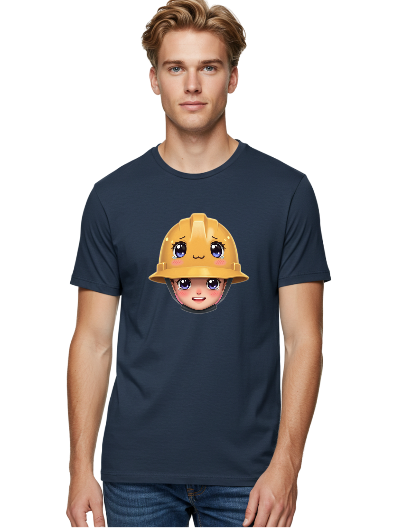 Construction-Hard-Hat-Emoji Men'S Graphic Tee, 100% Cotton, Comfortable Casual Summer Wear, Machine Washable, Kawaii Emoji, Cute Face, Hard Hat, Cartoon Character, Yellow Safety Helmet, Big Eyes, Rosy Cheeks, Smiling Face, Construction Worker, Bac890