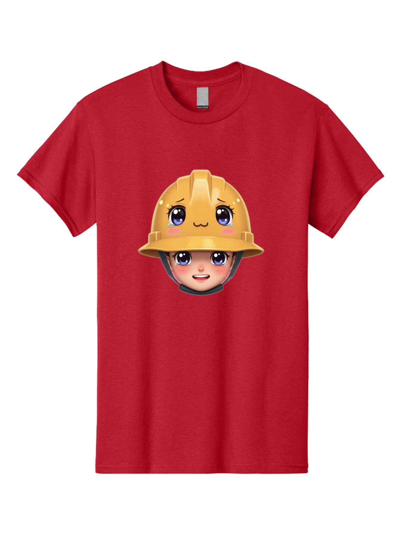 Construction-Hard-Hat-Emoji Men'S Graphic Tee, 100% Cotton, Comfortable Casual Summer Wear, Machine Washable, Kawaii Emoji, Cute Face, Hard Hat, Cartoon Character, Yellow Safety Helmet, Big Eyes, Rosy Cheeks, Smiling Face, Construction Worker, Bac890