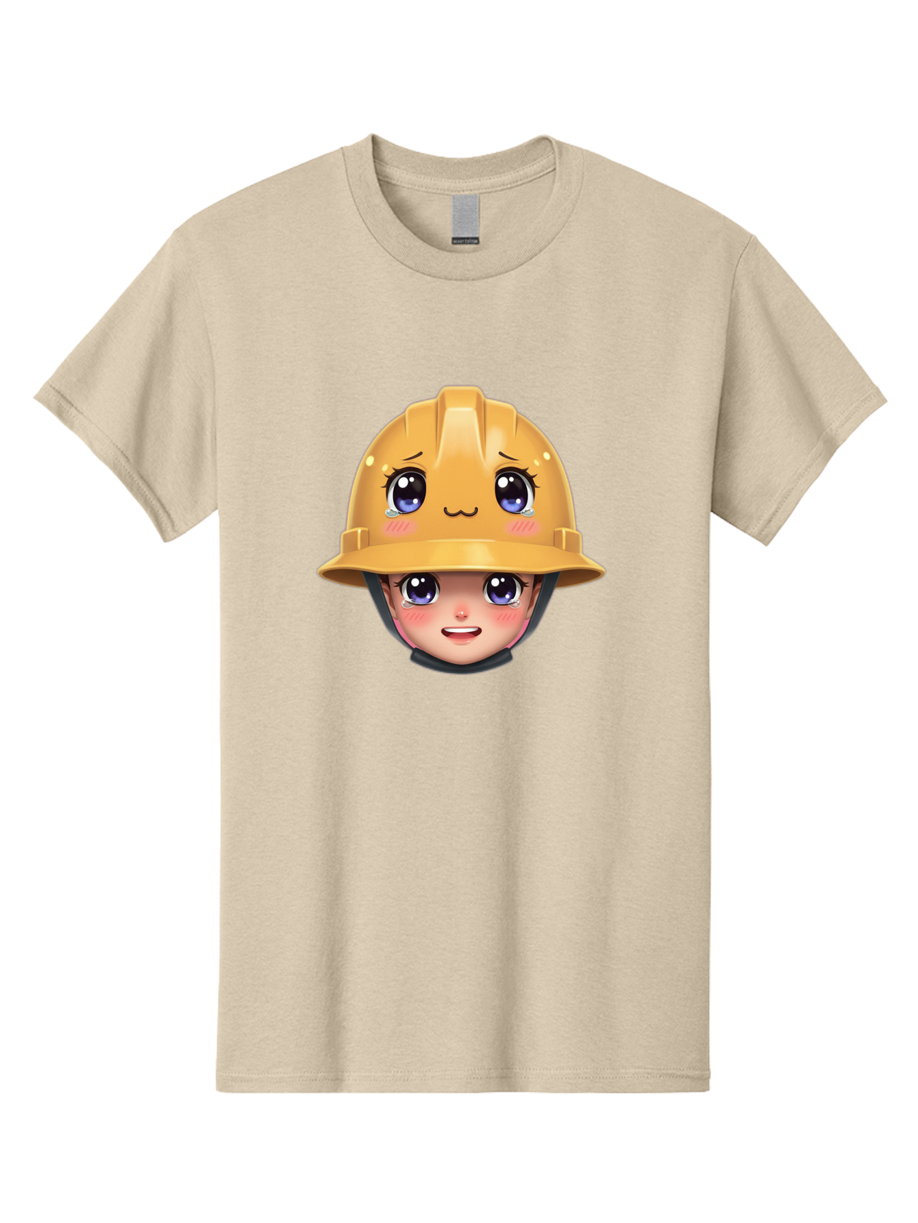 Construction-Hard-Hat-Emoji Men'S Graphic Tee, 100% Cotton, Comfortable Casual Summer Wear, Machine Washable, Kawaii Emoji, Cute Face, Hard Hat, Cartoon Character, Yellow Safety Helmet, Big Eyes, Rosy Cheeks, Smiling Face, Construction Worker, Bac890