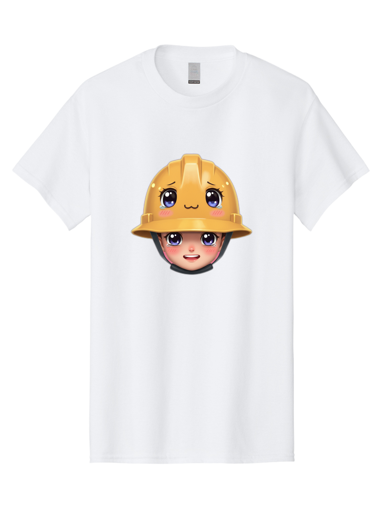 Construction-Hard-Hat-Emoji Men'S Graphic Tee, 100% Cotton, Comfortable Casual Summer Wear, Machine Washable, Kawaii Emoji, Cute Face, Hard Hat, Cartoon Character, Yellow Safety Helmet, Big Eyes, Rosy Cheeks, Smiling Face, Construction Worker, Bac890