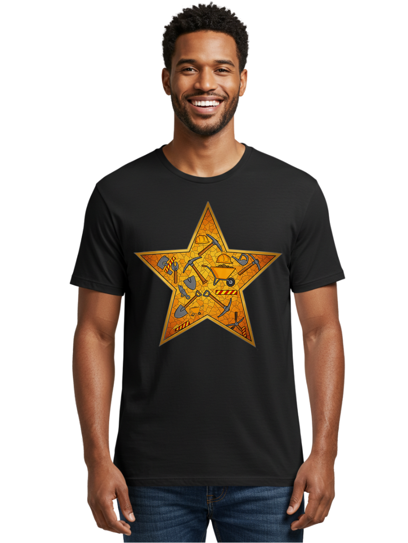 Construction-Tools-Star Men'S Graphic Tee, 100% Cotton, Comfortable Casual Summer Wear, Machine Washable, Construction Tools, Star Emblem, Hard Hat, Wheelbarrow, Shovels, Pickaxes, Hammers, Builder'S Equipment, Diy Symbol, Industrial Icon Bac891
