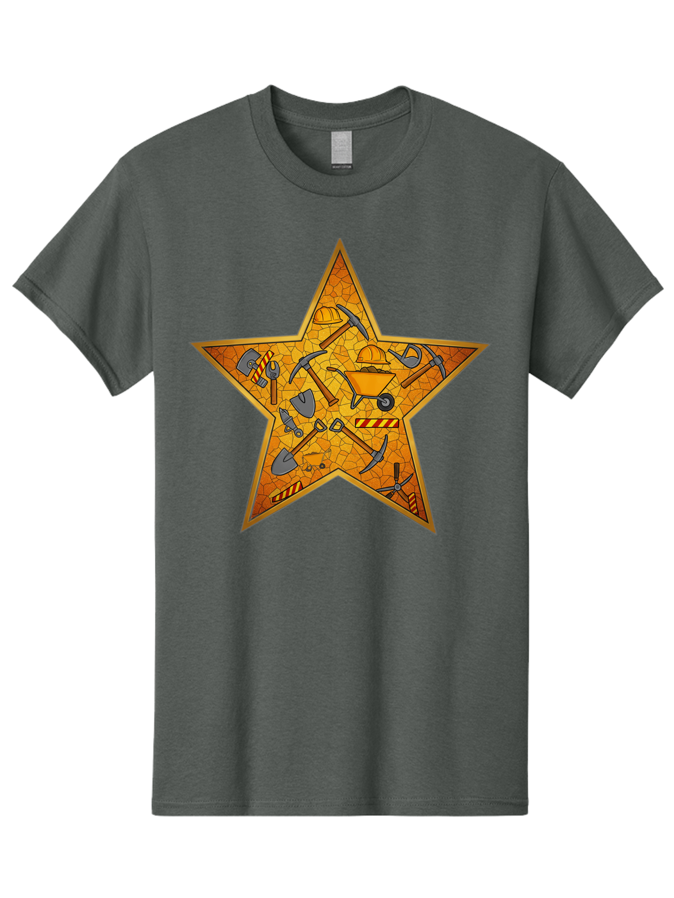 Construction-Tools-Star Men'S Graphic Tee, 100% Cotton, Comfortable Casual Summer Wear, Machine Washable, Construction Tools, Star Emblem, Hard Hat, Wheelbarrow, Shovels, Pickaxes, Hammers, Builder'S Equipment, Diy Symbol, Industrial Icon Bac891