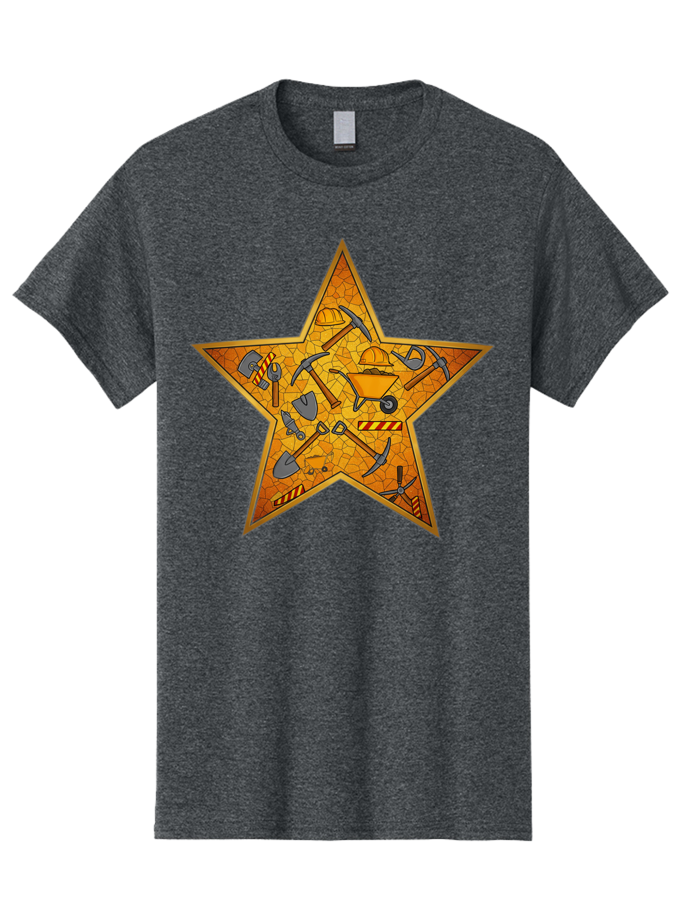 Construction-Tools-Star Men'S Graphic Tee, 100% Cotton, Comfortable Casual Summer Wear, Machine Washable, Construction Tools, Star Emblem, Hard Hat, Wheelbarrow, Shovels, Pickaxes, Hammers, Builder'S Equipment, Diy Symbol, Industrial Icon Bac891