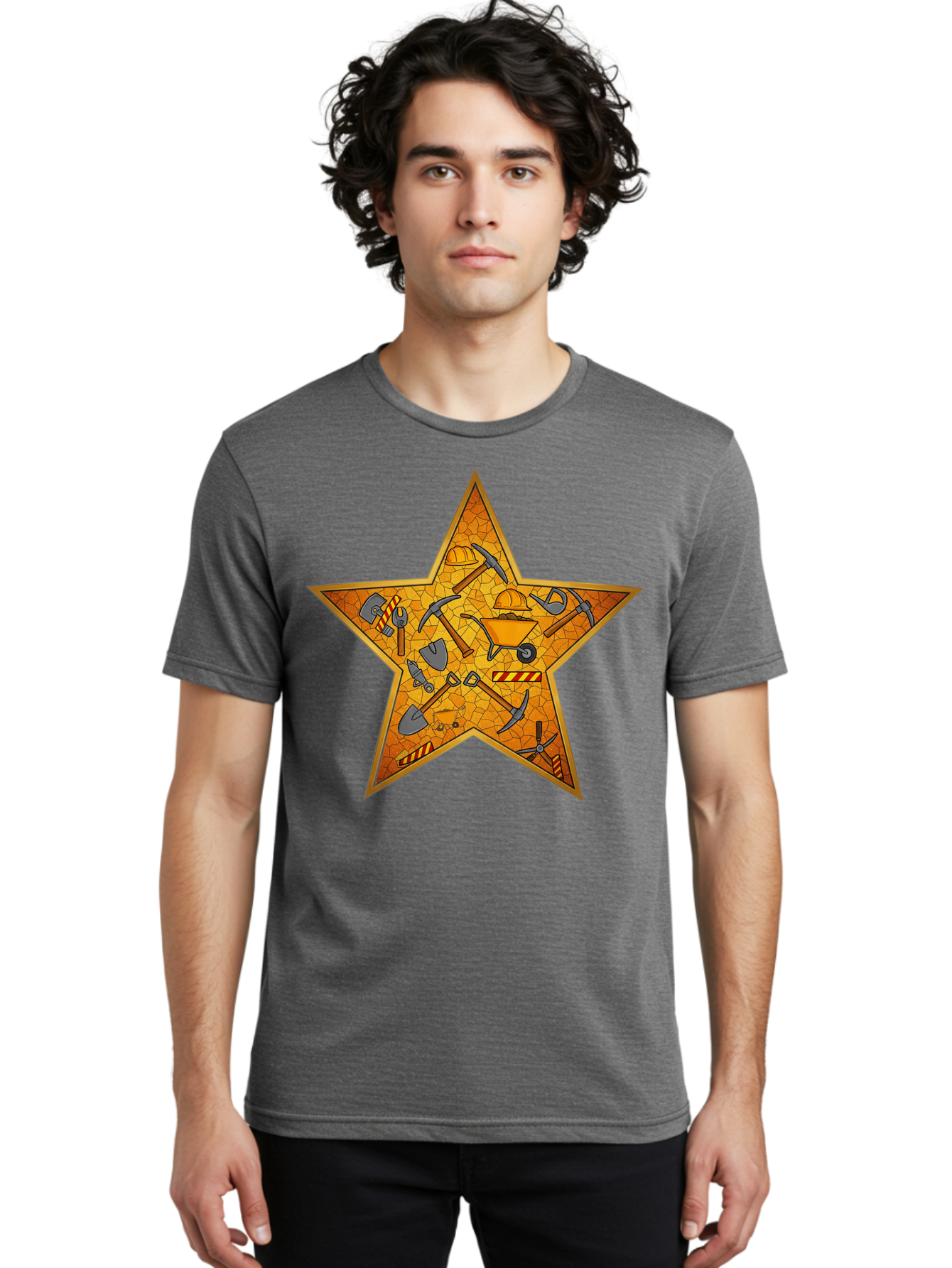 Construction-Tools-Star Men'S Graphic Tee, 100% Cotton, Comfortable Casual Summer Wear, Machine Washable, Construction Tools, Star Emblem, Hard Hat, Wheelbarrow, Shovels, Pickaxes, Hammers, Builder'S Equipment, Diy Symbol, Industrial Icon Bac891