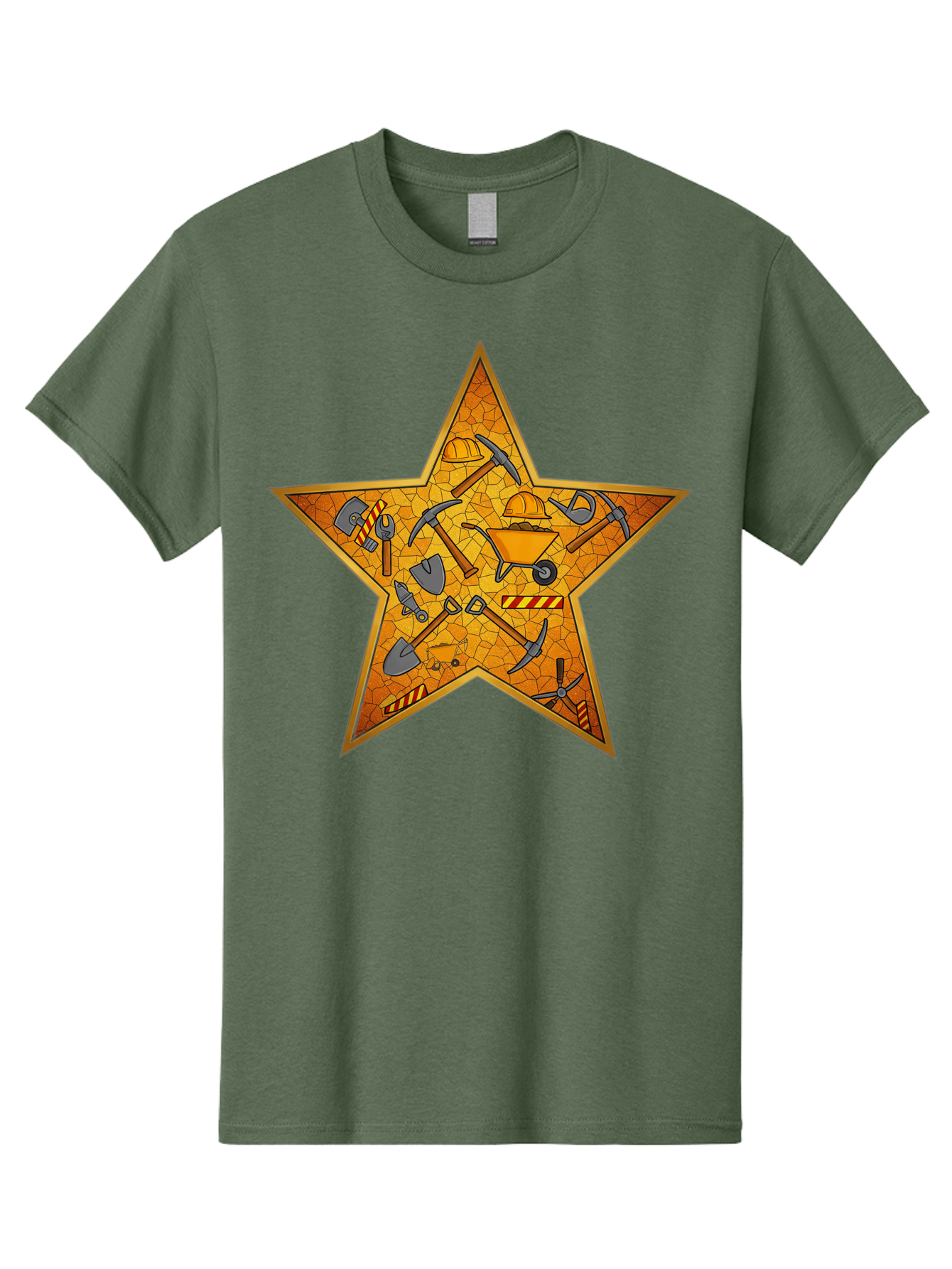 Construction-Tools-Star Men'S Graphic Tee, 100% Cotton, Comfortable Casual Summer Wear, Machine Washable, Construction Tools, Star Emblem, Hard Hat, Wheelbarrow, Shovels, Pickaxes, Hammers, Builder'S Equipment, Diy Symbol, Industrial Icon Bac891
