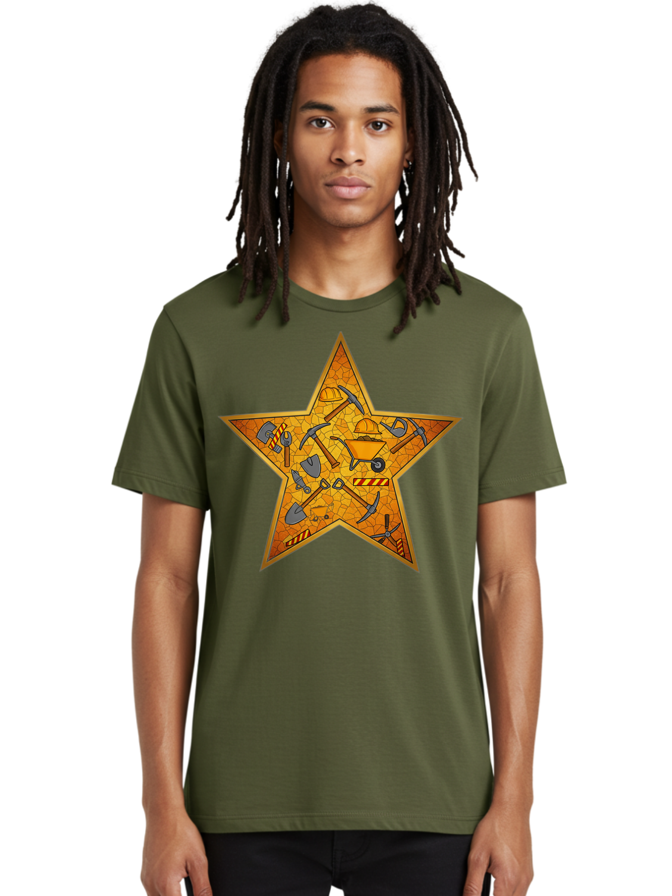 Construction-Tools-Star Men'S Graphic Tee, 100% Cotton, Comfortable Casual Summer Wear, Machine Washable, Construction Tools, Star Emblem, Hard Hat, Wheelbarrow, Shovels, Pickaxes, Hammers, Builder'S Equipment, Diy Symbol, Industrial Icon Bac891