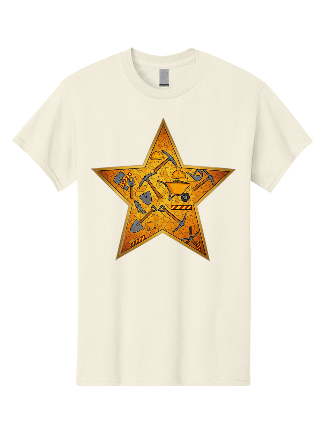 Construction-Tools-Star Men'S Graphic Tee, 100% Cotton, Comfortable Casual Summer Wear, Machine Washable, Construction Tools, Star Emblem, Hard Hat, Wheelbarrow, Shovels, Pickaxes, Hammers, Builder'S Equipment, Diy Symbol, Industrial Icon Bac891