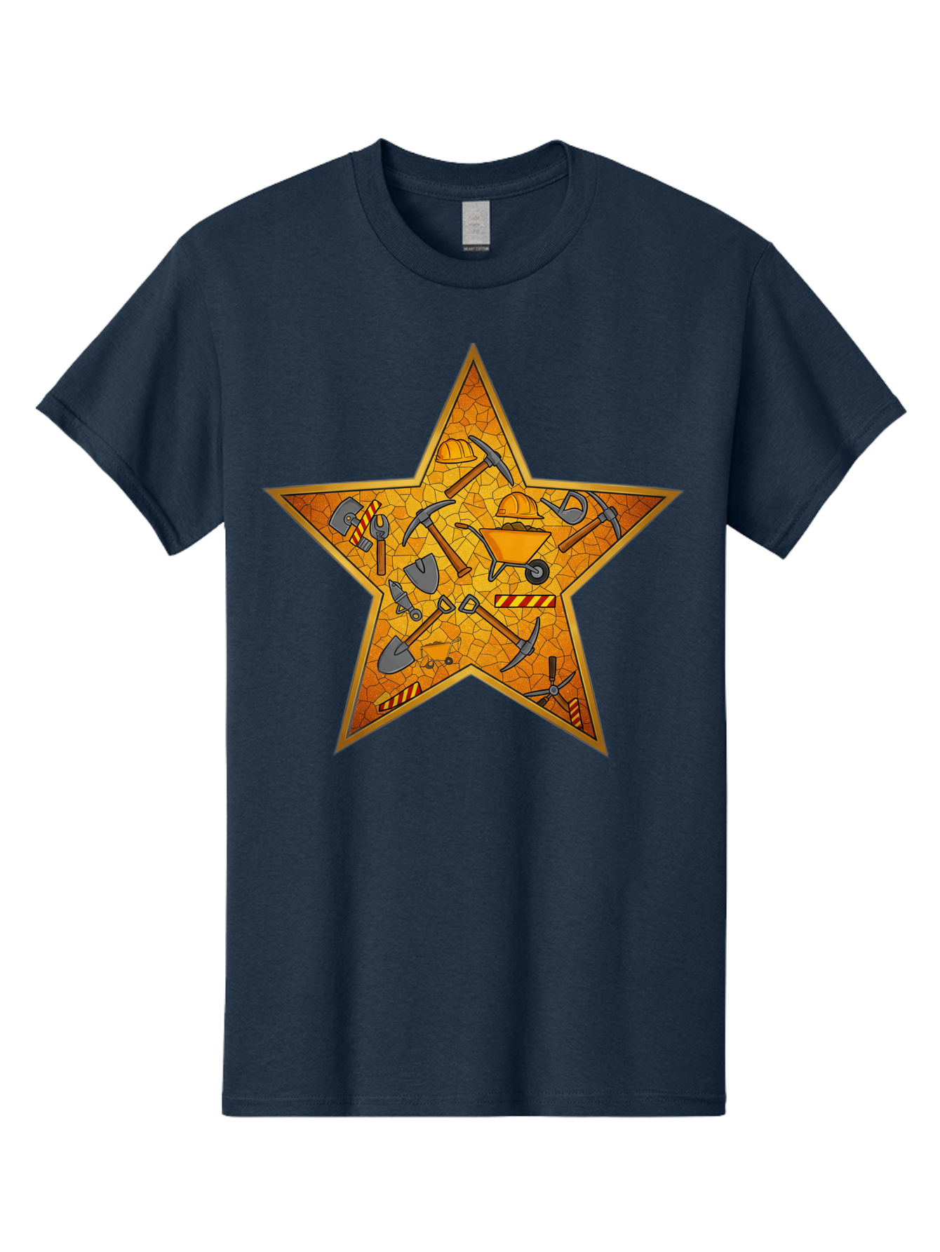 Construction-Tools-Star Men'S Graphic Tee, 100% Cotton, Comfortable Casual Summer Wear, Machine Washable, Construction Tools, Star Emblem, Hard Hat, Wheelbarrow, Shovels, Pickaxes, Hammers, Builder'S Equipment, Diy Symbol, Industrial Icon Bac891