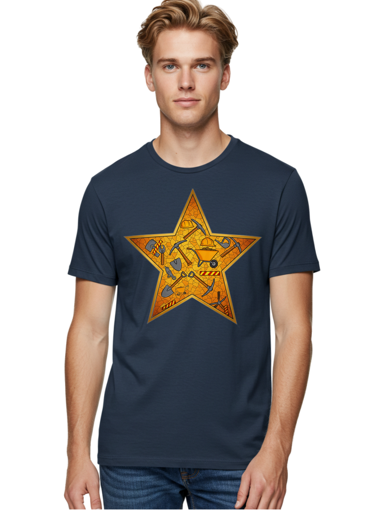 Construction-Tools-Star Men'S Graphic Tee, 100% Cotton, Comfortable Casual Summer Wear, Machine Washable, Construction Tools, Star Emblem, Hard Hat, Wheelbarrow, Shovels, Pickaxes, Hammers, Builder'S Equipment, Diy Symbol, Industrial Icon Bac891
