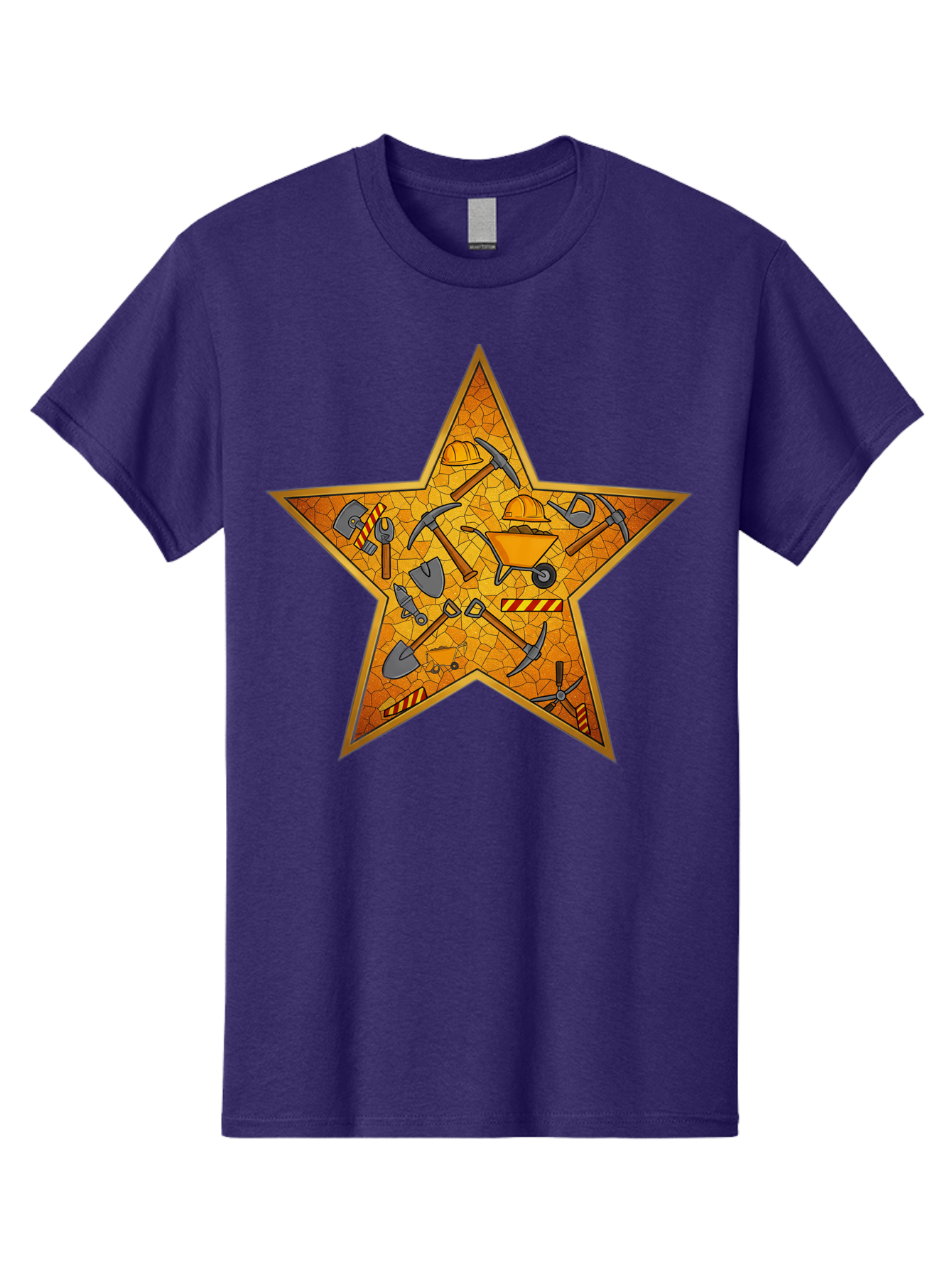 Construction-Tools-Star Men'S Graphic Tee, 100% Cotton, Comfortable Casual Summer Wear, Machine Washable, Construction Tools, Star Emblem, Hard Hat, Wheelbarrow, Shovels, Pickaxes, Hammers, Builder'S Equipment, Diy Symbol, Industrial Icon Bac891