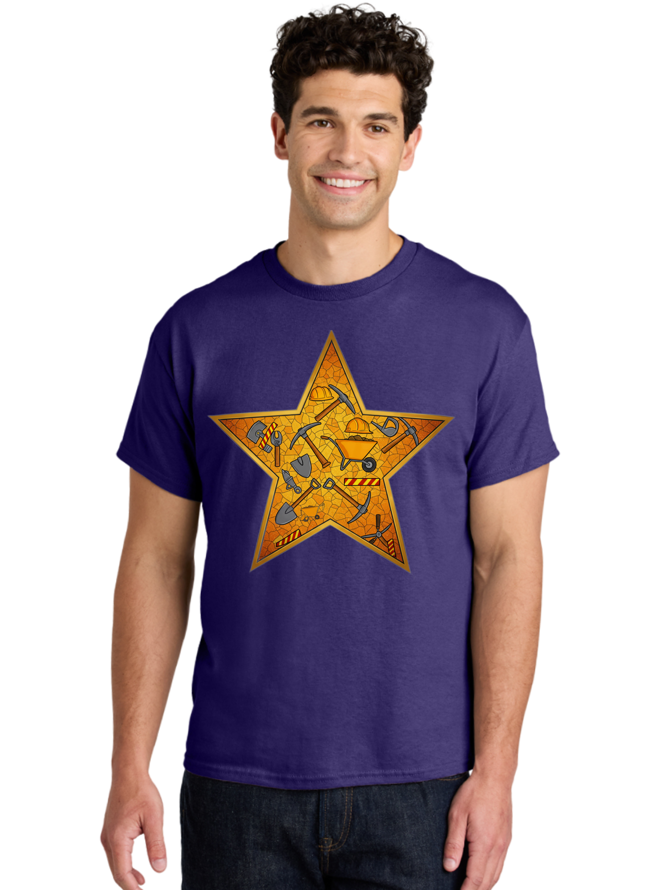 Construction-Tools-Star Men'S Graphic Tee, 100% Cotton, Comfortable Casual Summer Wear, Machine Washable, Construction Tools, Star Emblem, Hard Hat, Wheelbarrow, Shovels, Pickaxes, Hammers, Builder'S Equipment, Diy Symbol, Industrial Icon Bac891