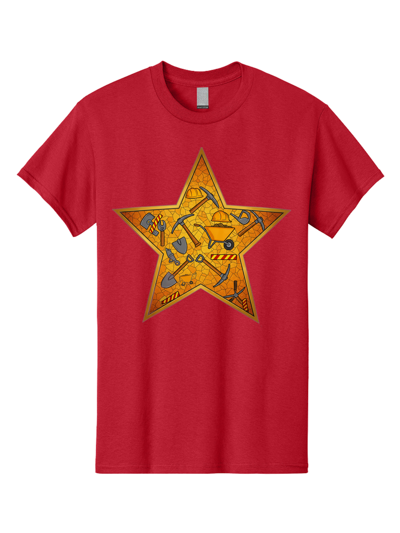 Construction-Tools-Star Men'S Graphic Tee, 100% Cotton, Comfortable Casual Summer Wear, Machine Washable, Construction Tools, Star Emblem, Hard Hat, Wheelbarrow, Shovels, Pickaxes, Hammers, Builder'S Equipment, Diy Symbol, Industrial Icon Bac891