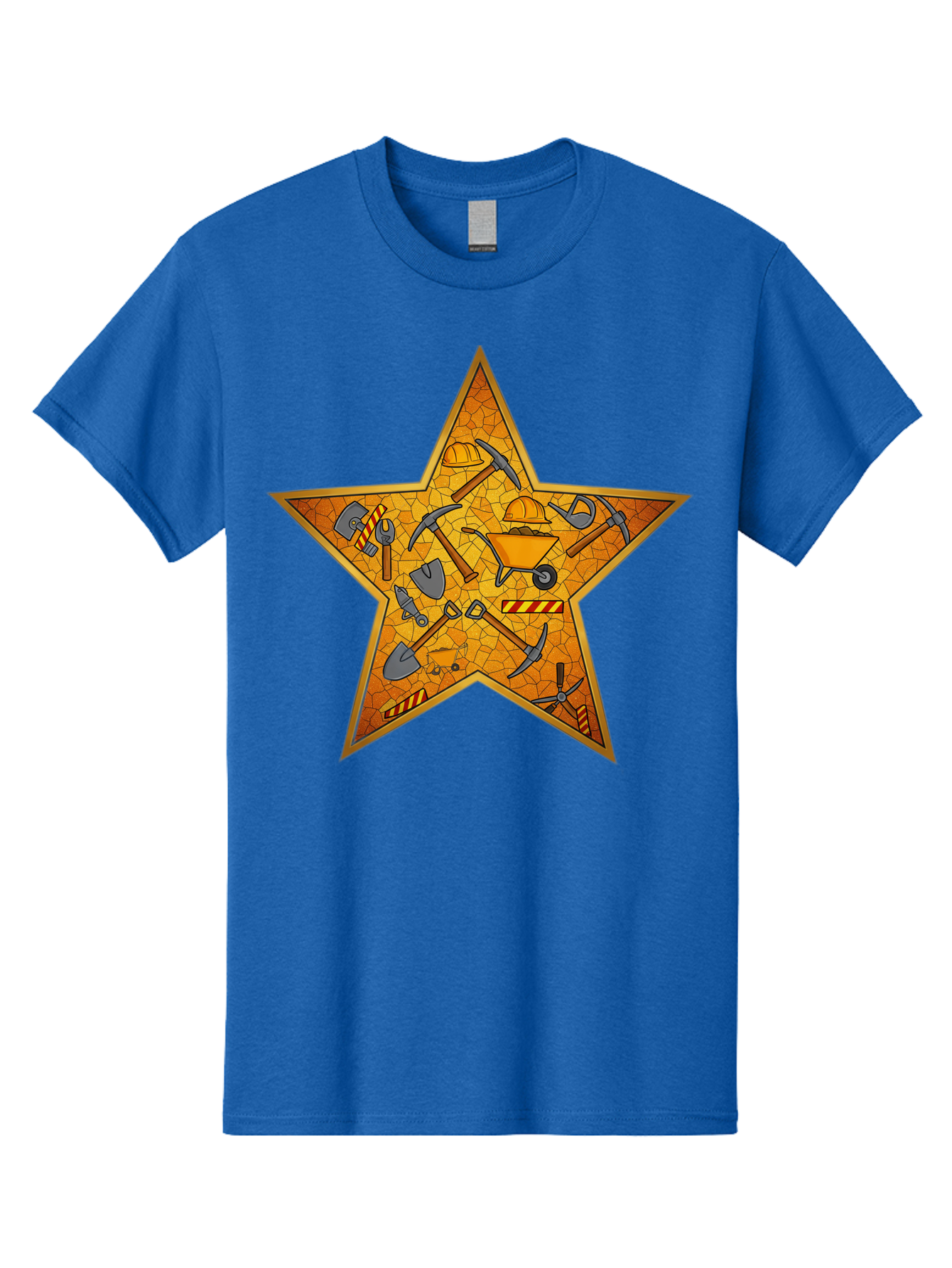 Construction-Tools-Star Men'S Graphic Tee, 100% Cotton, Comfortable Casual Summer Wear, Machine Washable, Construction Tools, Star Emblem, Hard Hat, Wheelbarrow, Shovels, Pickaxes, Hammers, Builder'S Equipment, Diy Symbol, Industrial Icon Bac891