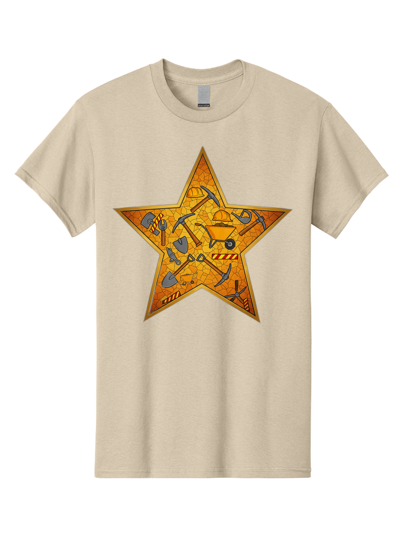 Construction-Tools-Star Men'S Graphic Tee, 100% Cotton, Comfortable Casual Summer Wear, Machine Washable, Construction Tools, Star Emblem, Hard Hat, Wheelbarrow, Shovels, Pickaxes, Hammers, Builder'S Equipment, Diy Symbol, Industrial Icon Bac891