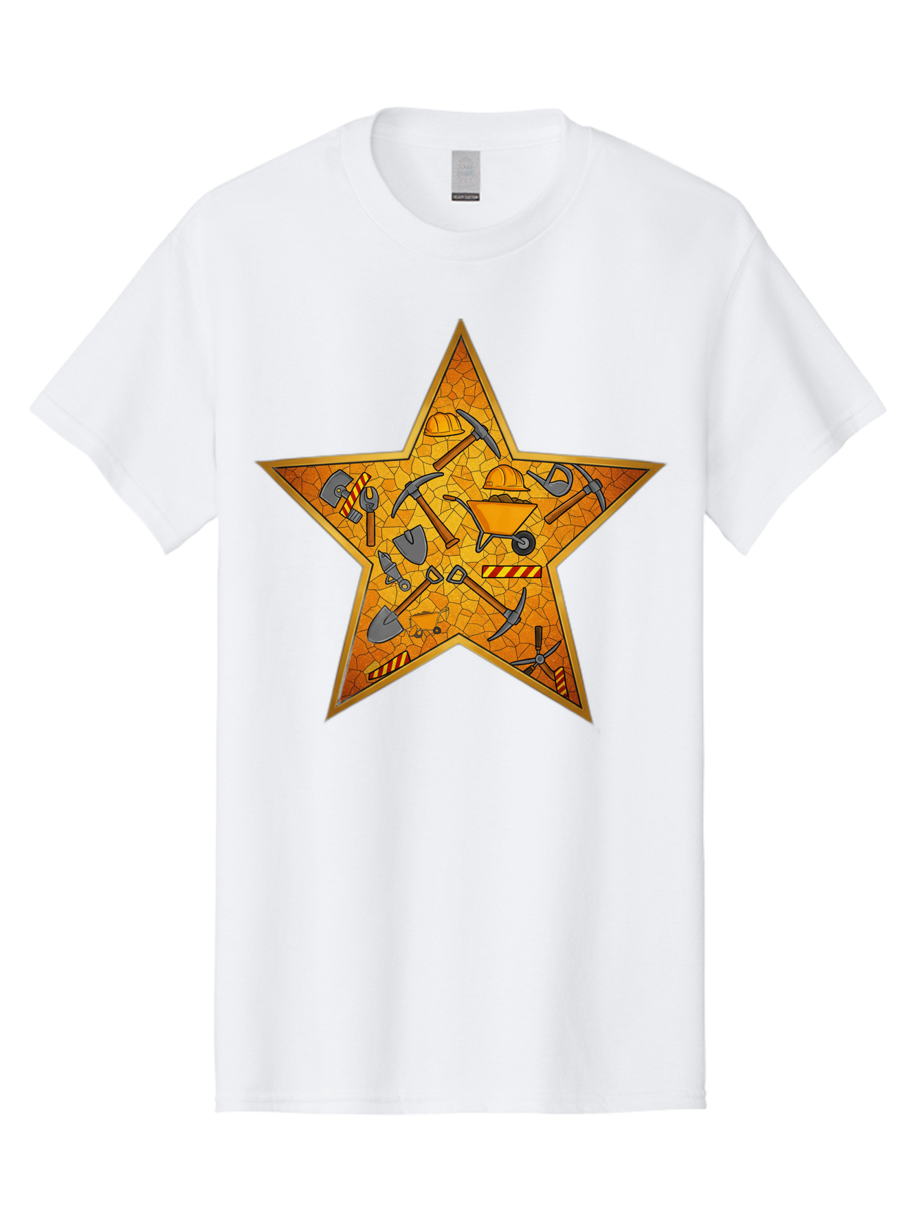 Construction-Tools-Star Men'S Graphic Tee, 100% Cotton, Comfortable Casual Summer Wear, Machine Washable, Construction Tools, Star Emblem, Hard Hat, Wheelbarrow, Shovels, Pickaxes, Hammers, Builder'S Equipment, Diy Symbol, Industrial Icon Bac891