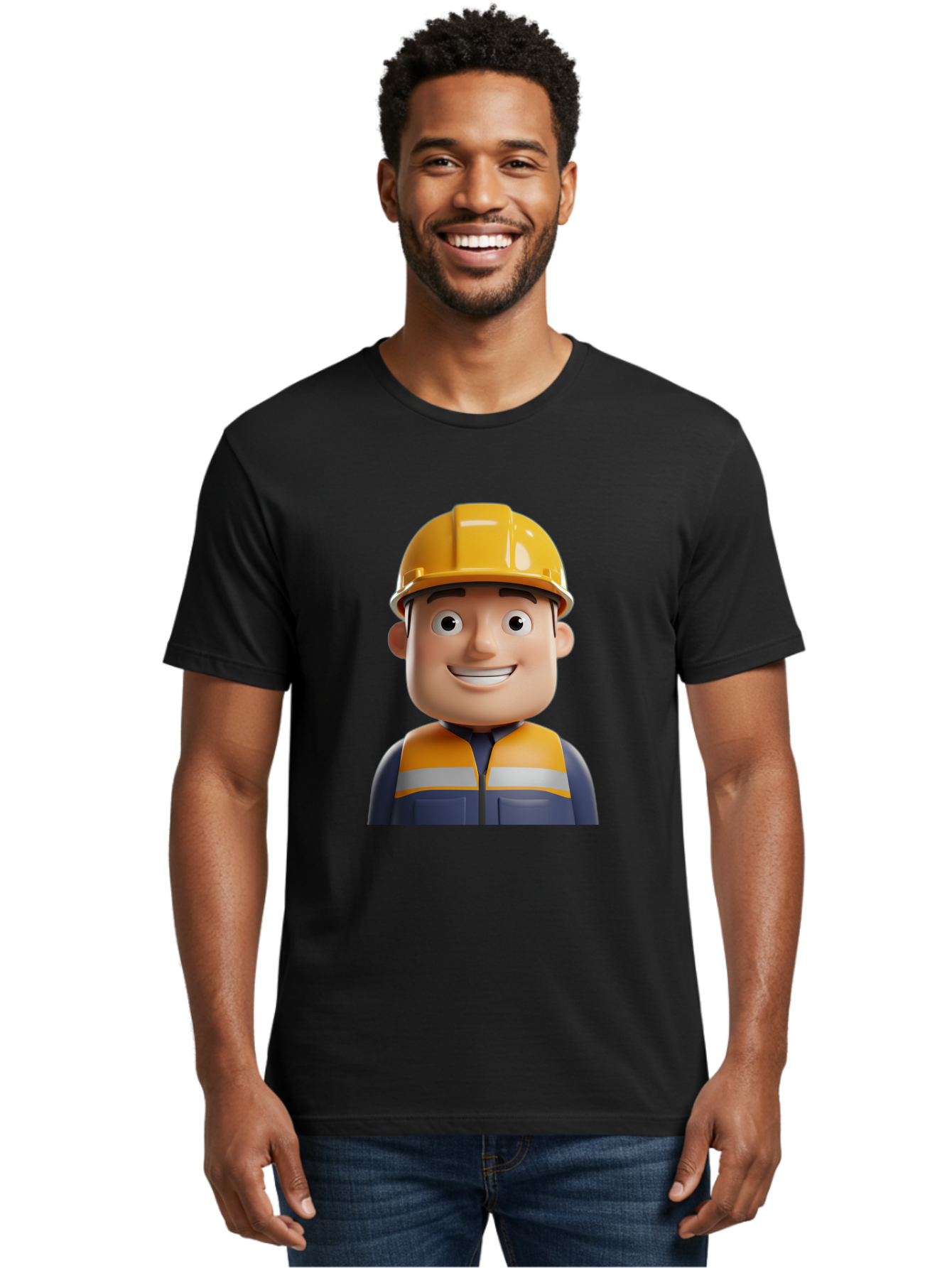 Construction-Worker-1 Men'S Graphic Tee, 100% Cotton, Comfortable Casual Summer Wear, Machine Washable, 3D Cartoon Character, Construction Worker, Hard Hat, Safety Vest, Reflective Stripes, Smiling Face, Blue Uniform, Yellow Helmet, Bac892