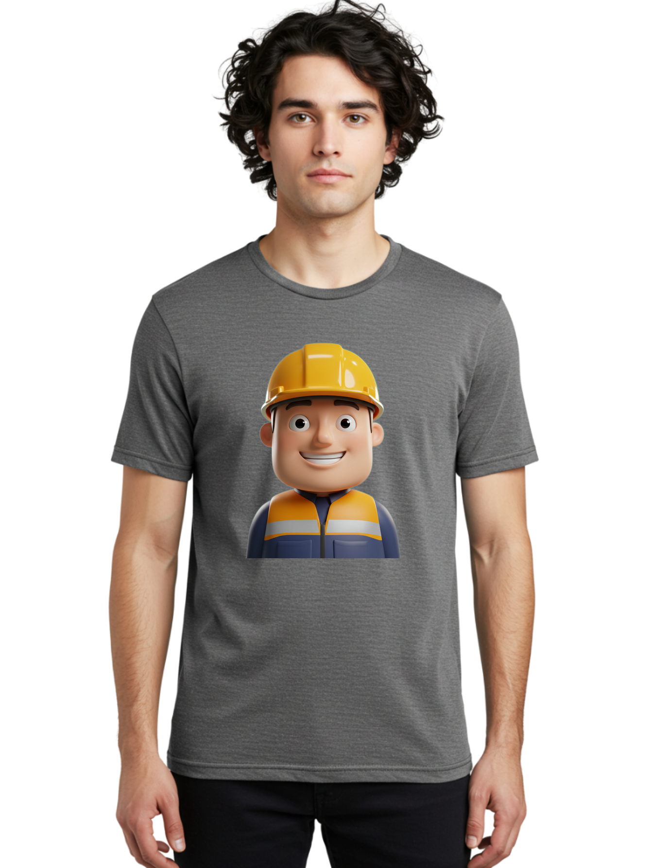 Construction-Worker-1 Men'S Graphic Tee, 100% Cotton, Comfortable Casual Summer Wear, Machine Washable, 3D Cartoon Character, Construction Worker, Hard Hat, Safety Vest, Reflective Stripes, Smiling Face, Blue Uniform, Yellow Helmet, Bac892