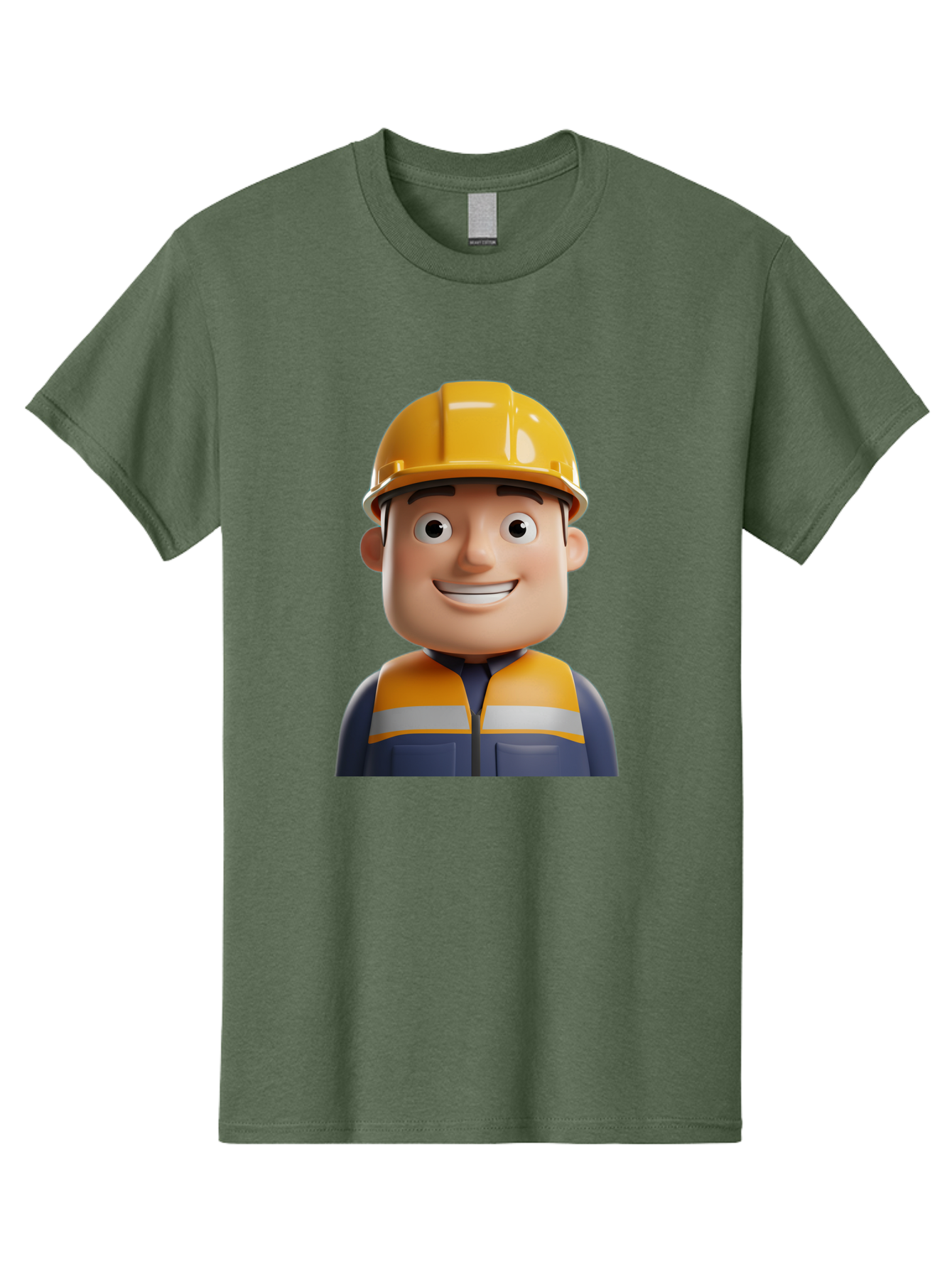 Construction-Worker-1 Men'S Graphic Tee, 100% Cotton, Comfortable Casual Summer Wear, Machine Washable, 3D Cartoon Character, Construction Worker, Hard Hat, Safety Vest, Reflective Stripes, Smiling Face, Blue Uniform, Yellow Helmet, Bac892