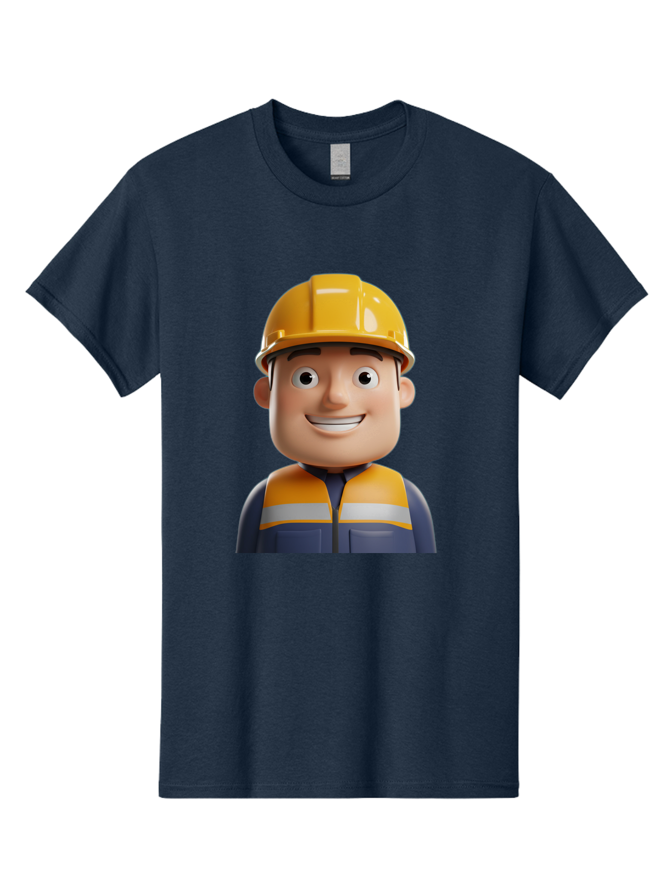 Construction-Worker-1 Men'S Graphic Tee, 100% Cotton, Comfortable Casual Summer Wear, Machine Washable, 3D Cartoon Character, Construction Worker, Hard Hat, Safety Vest, Reflective Stripes, Smiling Face, Blue Uniform, Yellow Helmet, Bac892