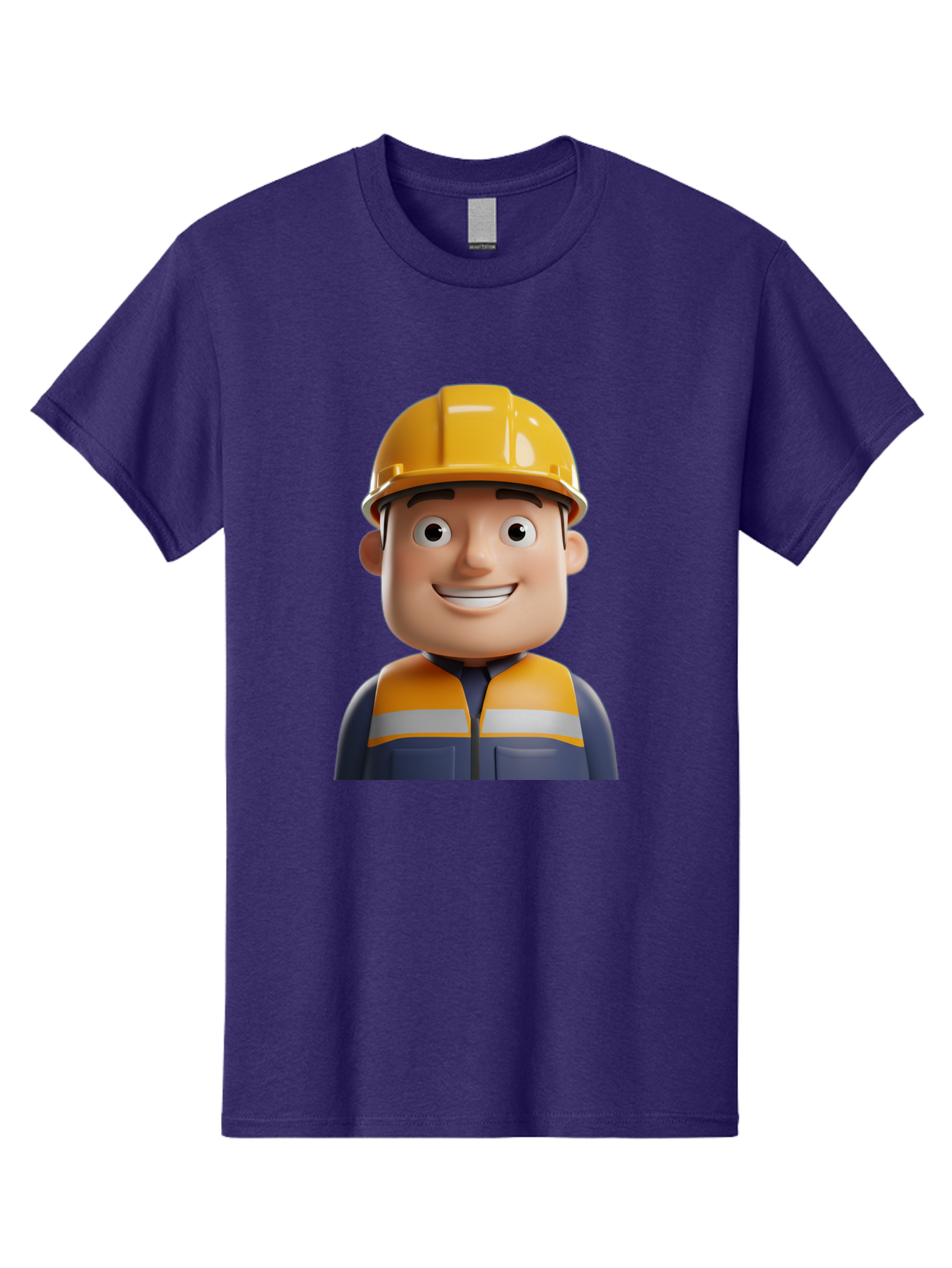 Construction-Worker-1 Men'S Graphic Tee, 100% Cotton, Comfortable Casual Summer Wear, Machine Washable, 3D Cartoon Character, Construction Worker, Hard Hat, Safety Vest, Reflective Stripes, Smiling Face, Blue Uniform, Yellow Helmet, Bac892