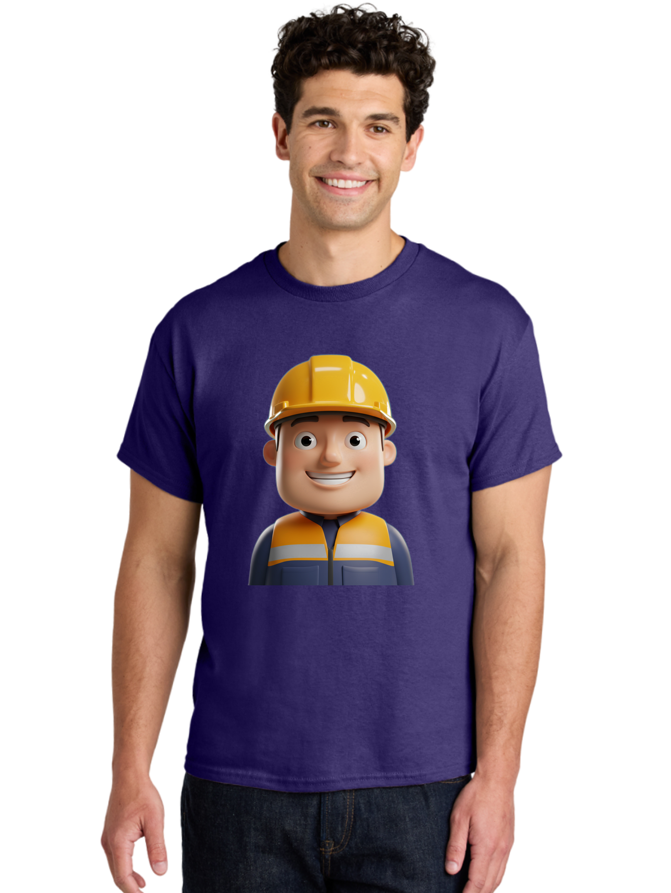 Construction-Worker-1 Men'S Graphic Tee, 100% Cotton, Comfortable Casual Summer Wear, Machine Washable, 3D Cartoon Character, Construction Worker, Hard Hat, Safety Vest, Reflective Stripes, Smiling Face, Blue Uniform, Yellow Helmet, Bac892