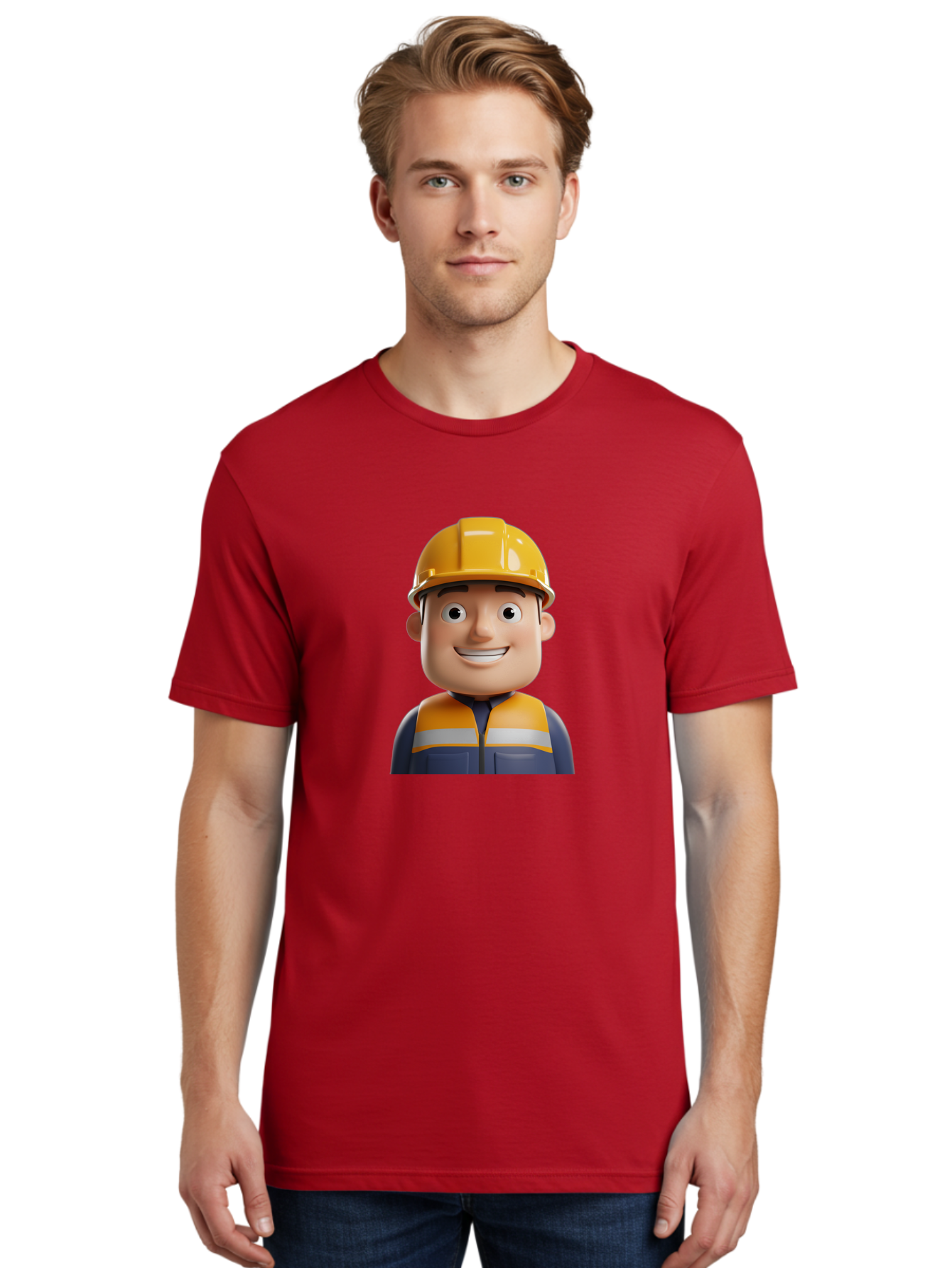 Construction-Worker-1 Men'S Graphic Tee, 100% Cotton, Comfortable Casual Summer Wear, Machine Washable, 3D Cartoon Character, Construction Worker, Hard Hat, Safety Vest, Reflective Stripes, Smiling Face, Blue Uniform, Yellow Helmet, Bac892