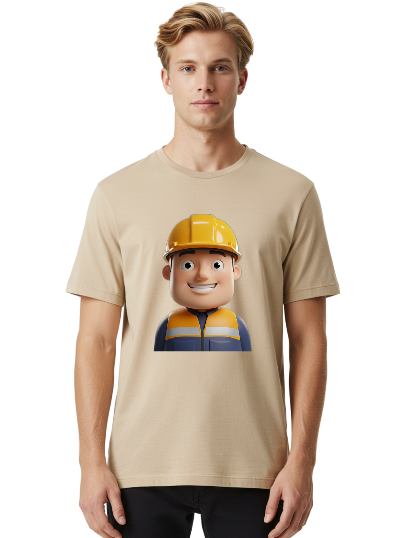 Construction-Worker-1 Men'S Graphic Tee, 100% Cotton, Comfortable Casual Summer Wear, Machine Washable, 3D Cartoon Character, Construction Worker, Hard Hat, Safety Vest, Reflective Stripes, Smiling Face, Blue Uniform, Yellow Helmet, Bac892