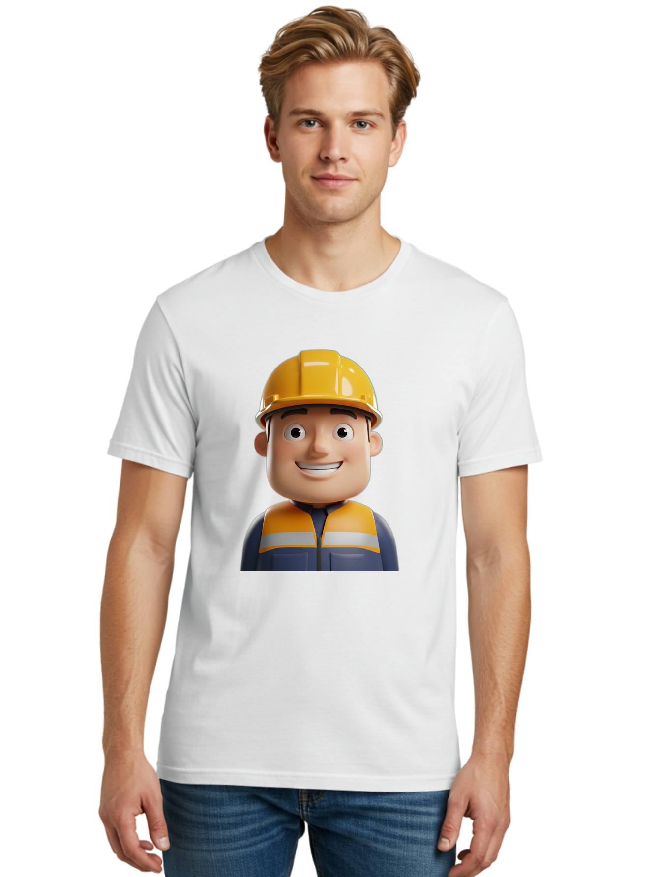 Construction-Worker-1 Men'S Graphic Tee, 100% Cotton, Comfortable Casual Summer Wear, Machine Washable, 3D Cartoon Character, Construction Worker, Hard Hat, Safety Vest, Reflective Stripes, Smiling Face, Blue Uniform, Yellow Helmet, Bac892