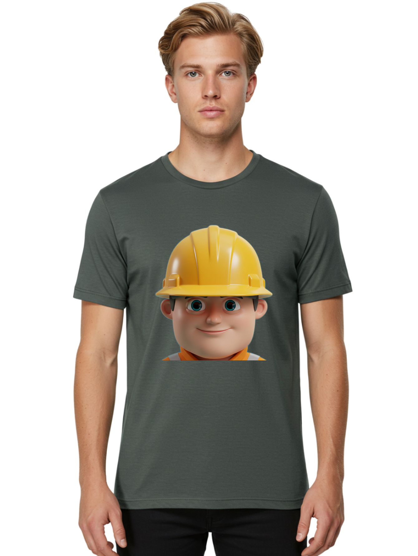 Construction-Worker-2 Men'S Graphic Tee, 100% Cotton, Comfortable Casual Summer Wear, Machine Washable, Cartoon Builder, Construction Worker, Yellow Hard Hat, Safety Helmet, Construction Site, Building Industry, Worker Safety, Bac893