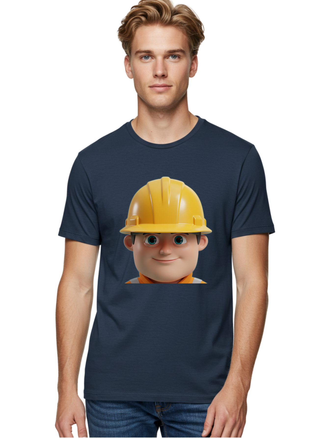Construction-Worker-2 Men'S Graphic Tee, 100% Cotton, Comfortable Casual Summer Wear, Machine Washable, Cartoon Builder, Construction Worker, Yellow Hard Hat, Safety Helmet, Construction Site, Building Industry, Worker Safety, Bac893