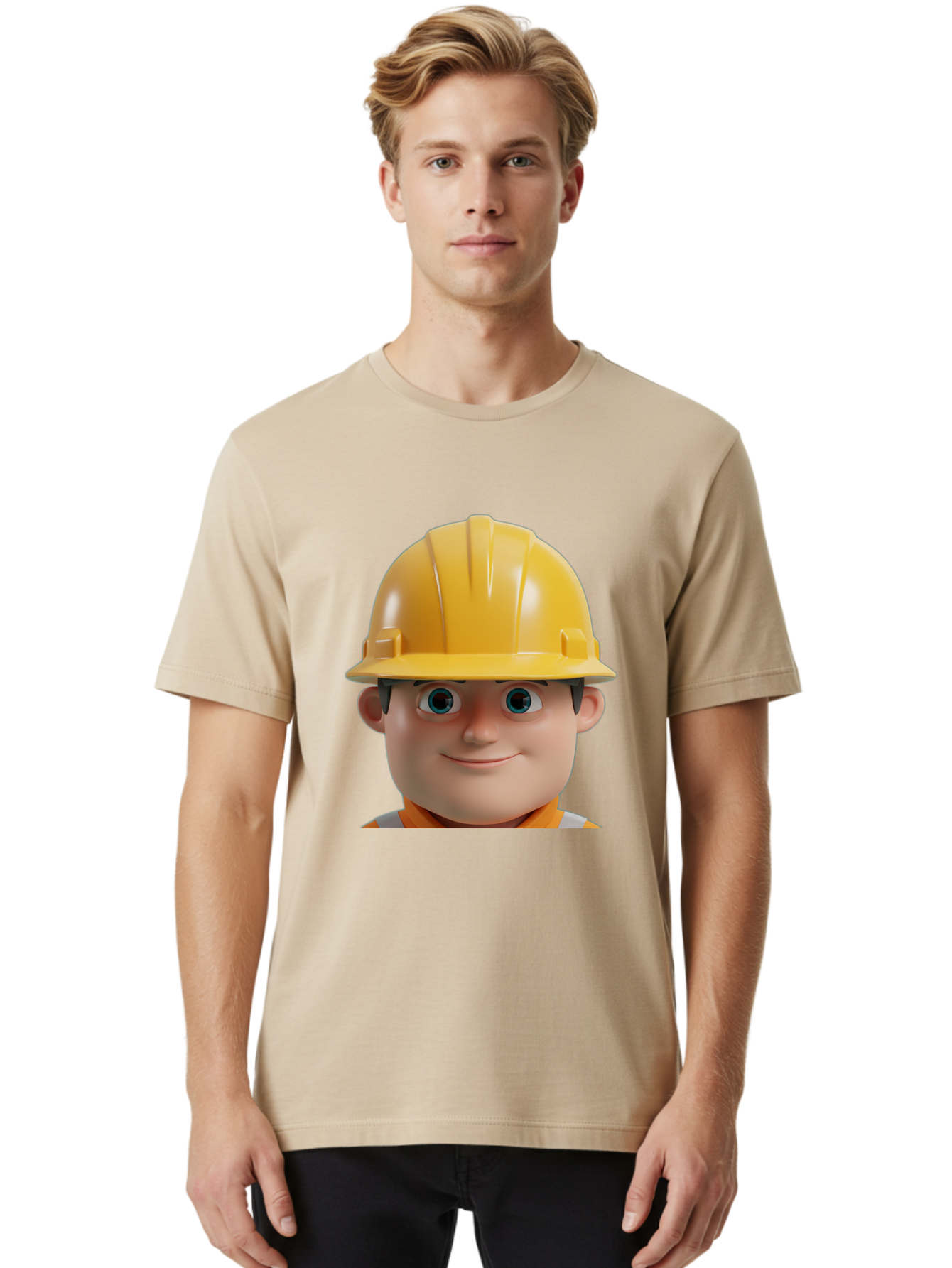 Construction-Worker-2 Men'S Graphic Tee, 100% Cotton, Comfortable Casual Summer Wear, Machine Washable, Cartoon Builder, Construction Worker, Yellow Hard Hat, Safety Helmet, Construction Site, Building Industry, Worker Safety, Bac893