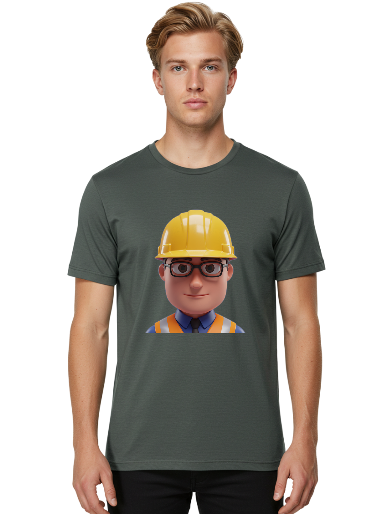 Construction-Worker-3 Men'S Graphic Tee, 100% Cotton, Comfortable Casual Summer Wear, Machine Washable, Construction Worker, Hard Hat, Safety Glasses, Reflective Vest, Blue Shirt, Black Tie, Cartoon Character, 3D Illustration, Bac894