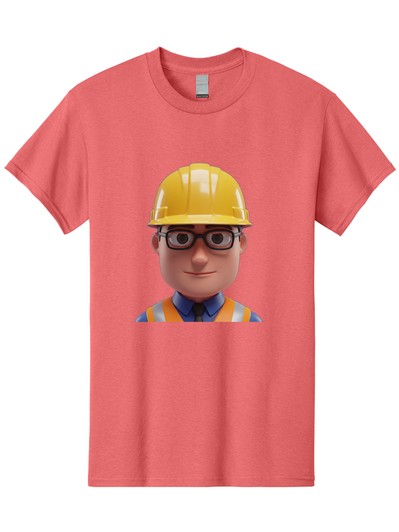 Construction-Worker-3 Men'S Graphic Tee, 100% Cotton, Comfortable Casual Summer Wear, Machine Washable, Construction Worker, Hard Hat, Safety Glasses, Reflective Vest, Blue Shirt, Black Tie, Cartoon Character, 3D Illustration, Bac894