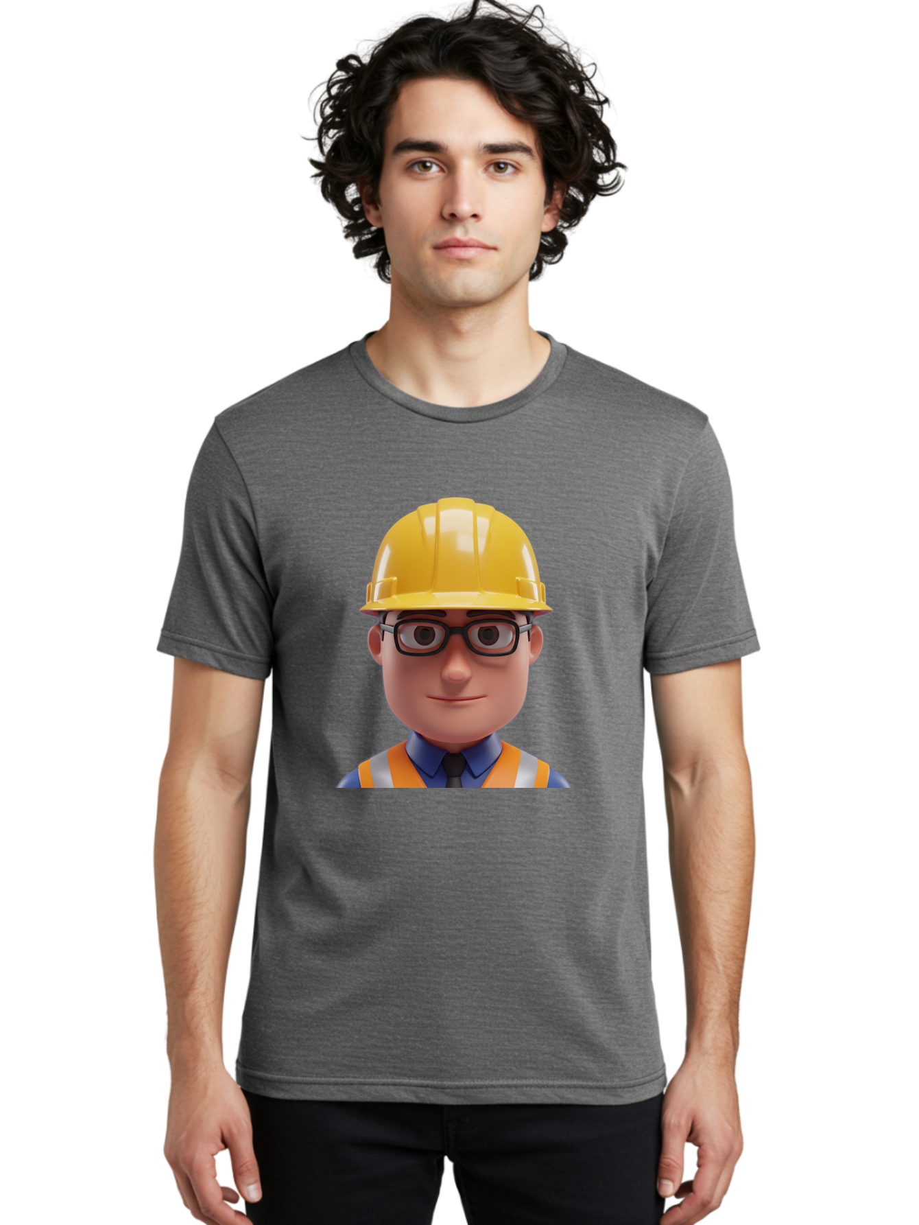 Construction-Worker-3 Men'S Graphic Tee, 100% Cotton, Comfortable Casual Summer Wear, Machine Washable, Construction Worker, Hard Hat, Safety Glasses, Reflective Vest, Blue Shirt, Black Tie, Cartoon Character, 3D Illustration, Bac894