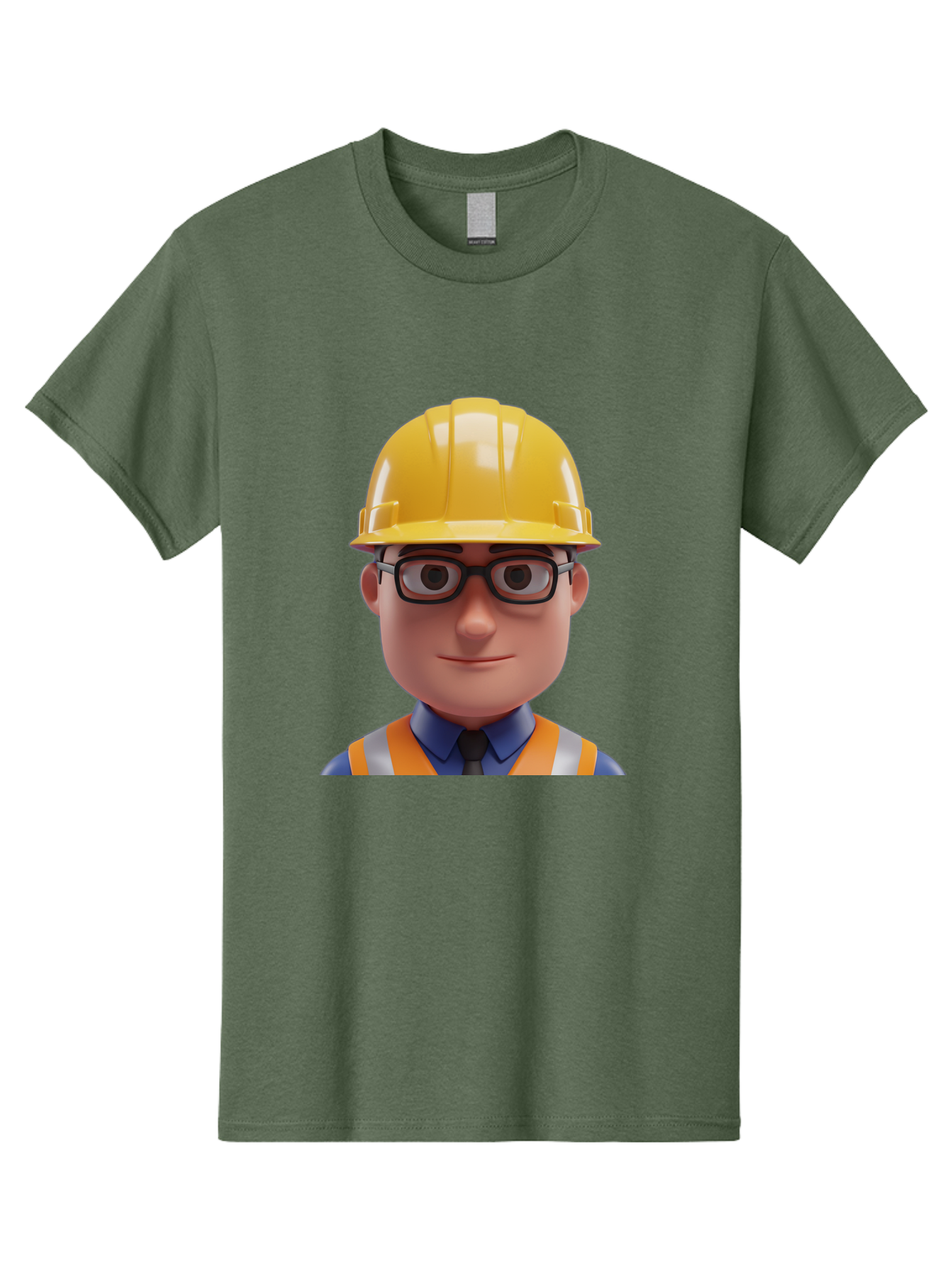 Construction-Worker-3 Men'S Graphic Tee, 100% Cotton, Comfortable Casual Summer Wear, Machine Washable, Construction Worker, Hard Hat, Safety Glasses, Reflective Vest, Blue Shirt, Black Tie, Cartoon Character, 3D Illustration, Bac894