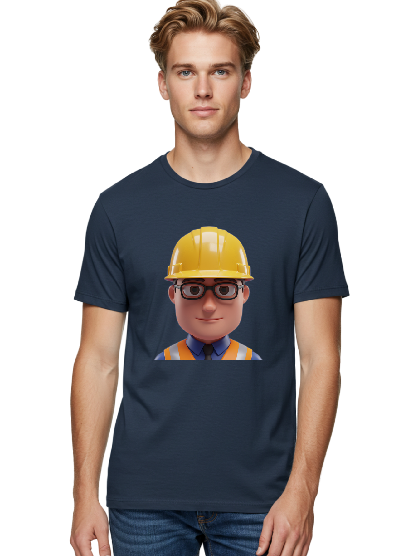 Construction-Worker-3 Men'S Graphic Tee, 100% Cotton, Comfortable Casual Summer Wear, Machine Washable, Construction Worker, Hard Hat, Safety Glasses, Reflective Vest, Blue Shirt, Black Tie, Cartoon Character, 3D Illustration, Bac894